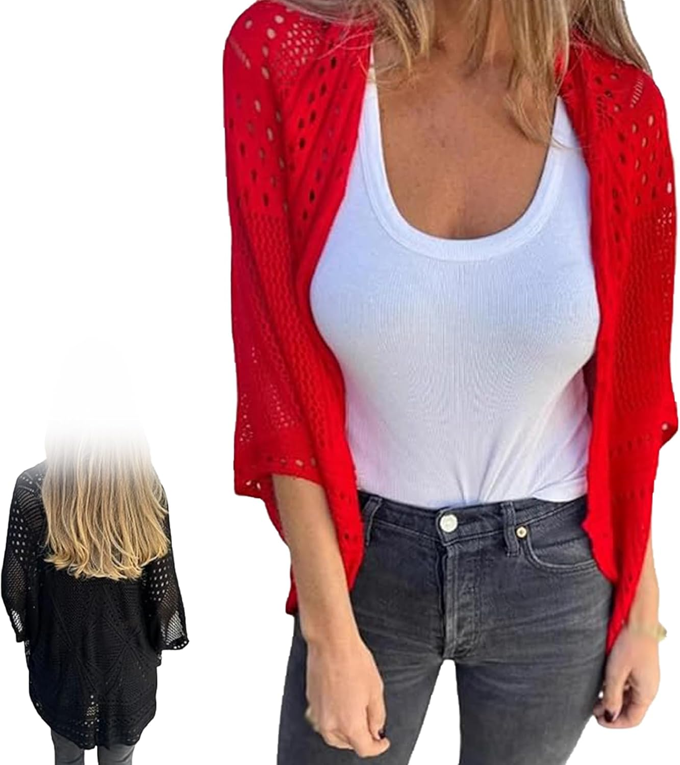 Arisefrom Hollow Half-Sleeve Cardigan, 2025 New Womens Crochet Hollow Out Knit Tops, Lightweight Hollow Knit Half-Sleeve Cardigan, Women Summer Sweater Lightweight image number 1