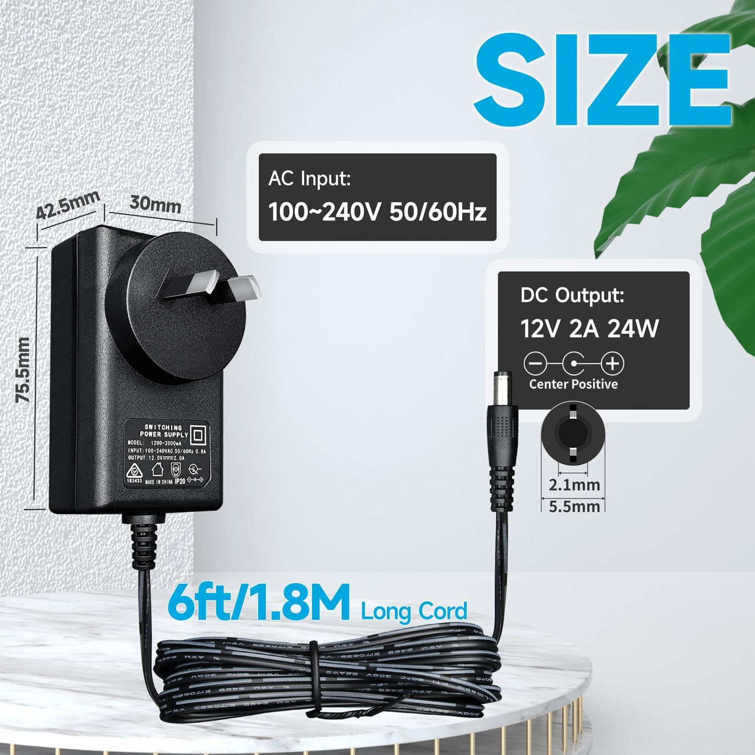 2Pack AC 100-240V to DC 12V 2A/2000Ma Power Supply Adapter, 24W Adapter for LED Strip Lights, Keyboard, BT Speaker, Router, Monitor, Webcam, DVR, NVR, CCTV Camera, SAA FCC Certified image number 3