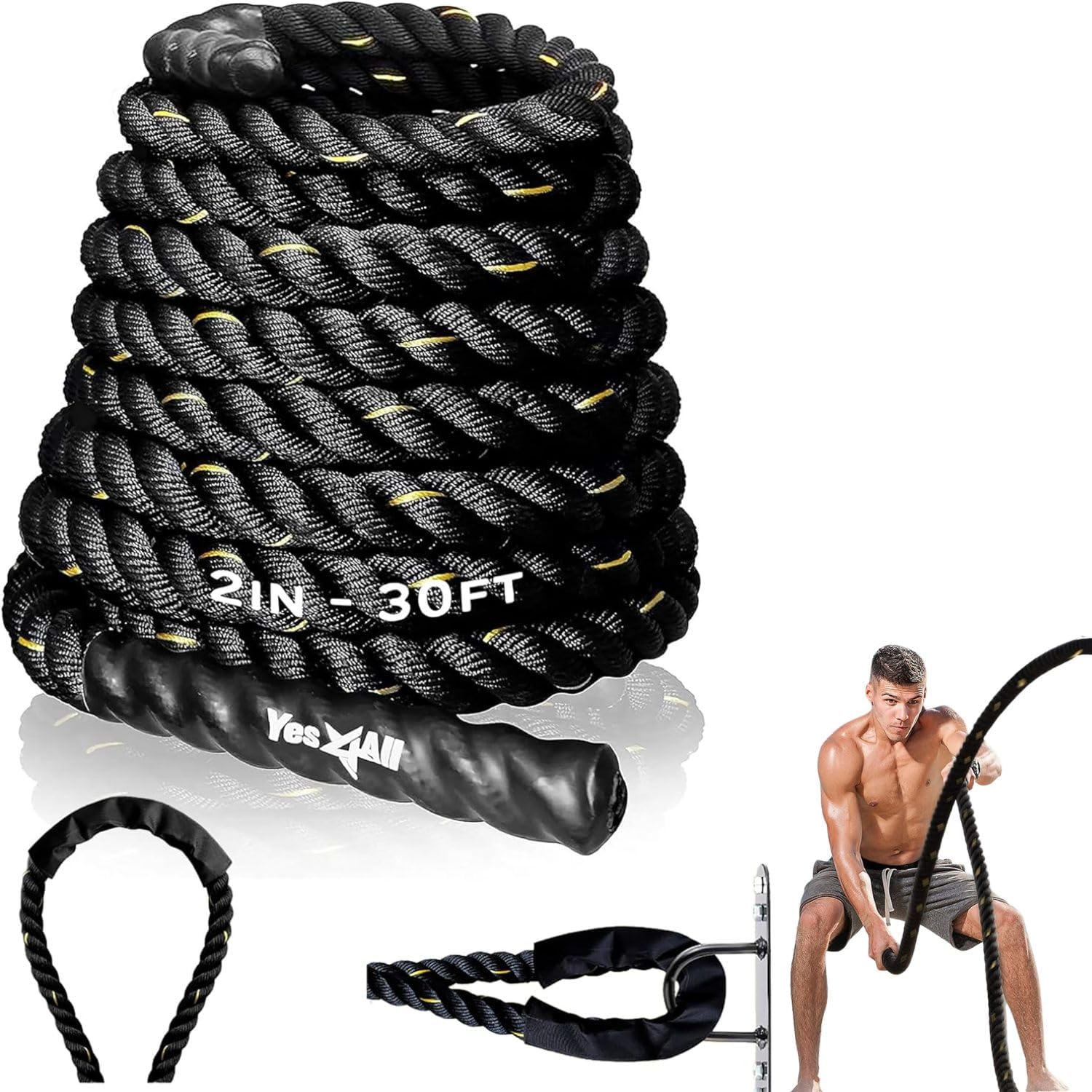 Yes4All 1.5/2 Inch Battle Ropes with Extra Protective Sleeve, Workout Ropes for Cross-Training Home Gym & Fitness Exercises, Strength Training - 30,40,50 Feet Lengths Available image number 4
