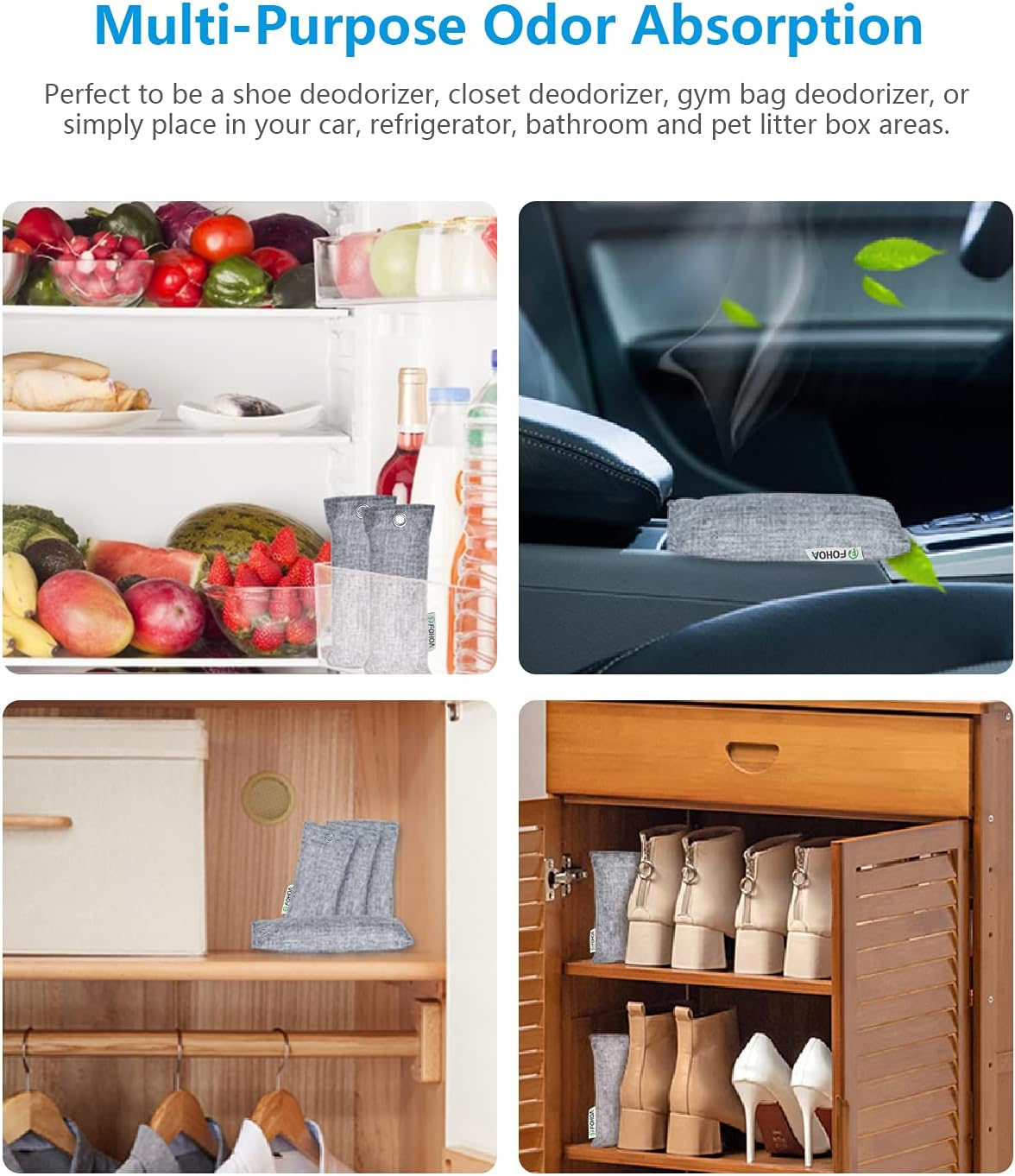 FOHOA Natural Air Purifier Deodorizer Bags 12 Packs, Activated Bamboo Charcoal Air Purifying Bags, Odor Absorber, Shoe Odor Eliminator, Air Fresheners for Home, Shoes, Closet, Car, Gym, Damp Rid, Pet image number 3