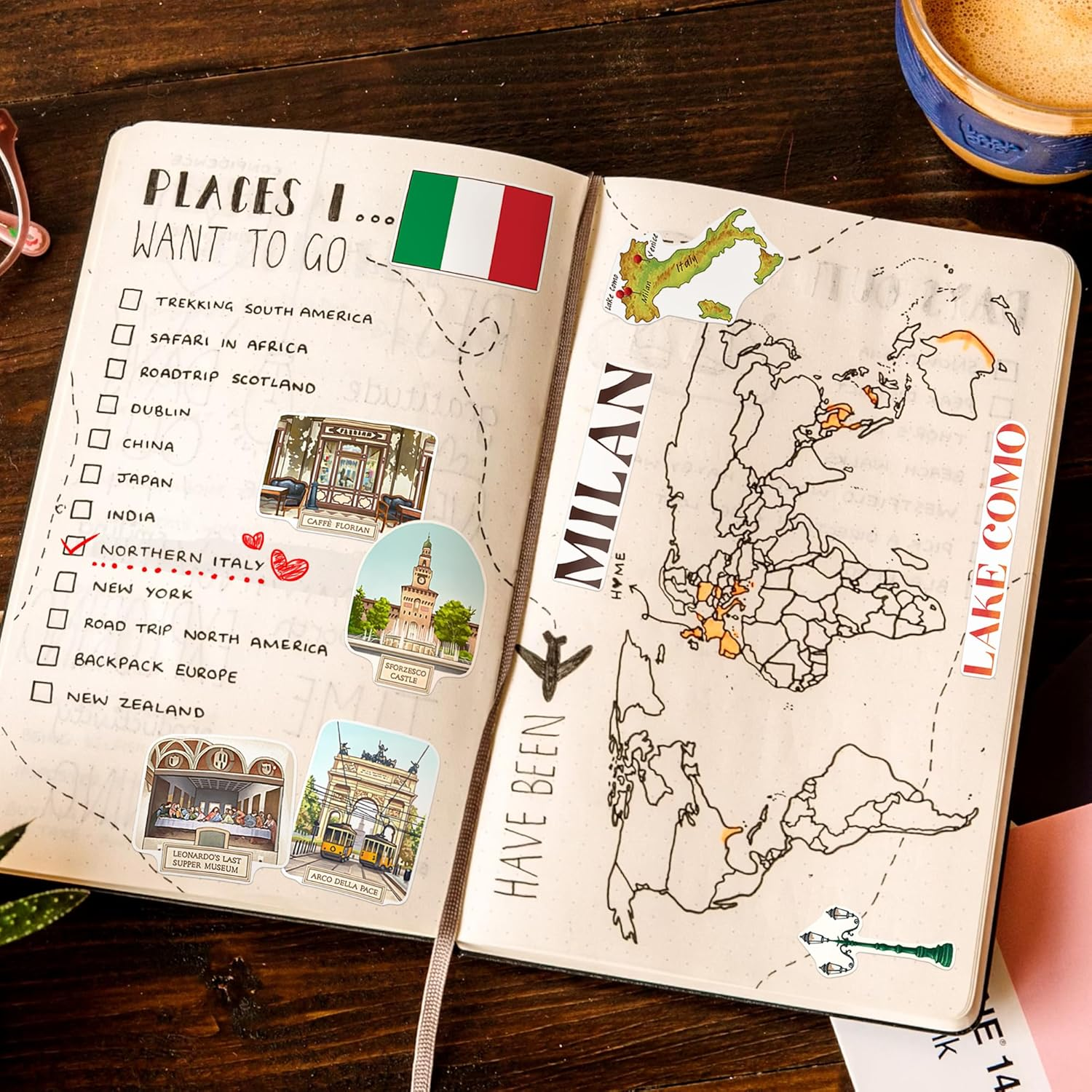 Navy Peony Northern Italy Travel Stickers (28Pcs) - Gouache Style, Waterproof, Milan Venice-Themed Vacation Decals for Scrapbooks, Waterbottle image number 5