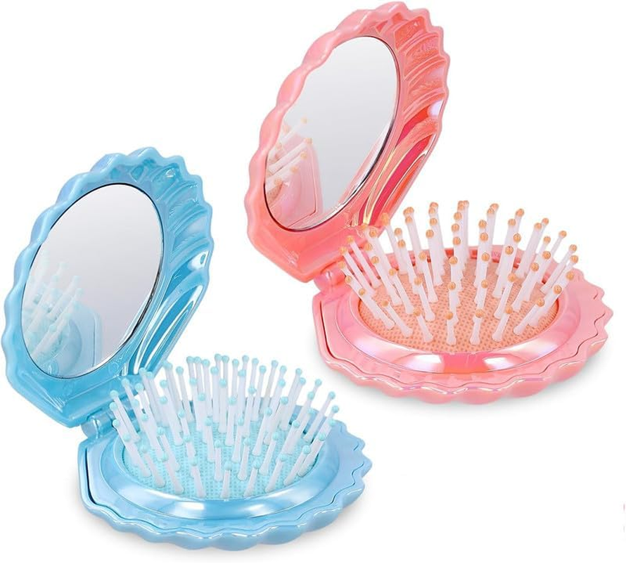 Shell Shape Pocket Hair Brush with Mirror, 2Pcs Folding Travel Hair Brush with Mirror,Shell Shape Pocket Hair Brush with Mirror Folding Hair Brush Portable Cute Hair Massage Comb Mini Hair Brush