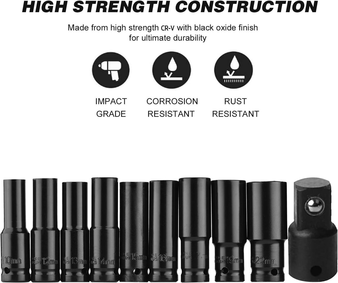 1/2 Inch Drive Hex Impact Socket Set 10-Piece Deep Socket Metric Sizes 10-22Mm and 3/8 Inch Adapter CR-V Material with Hard Storage Box image number 1