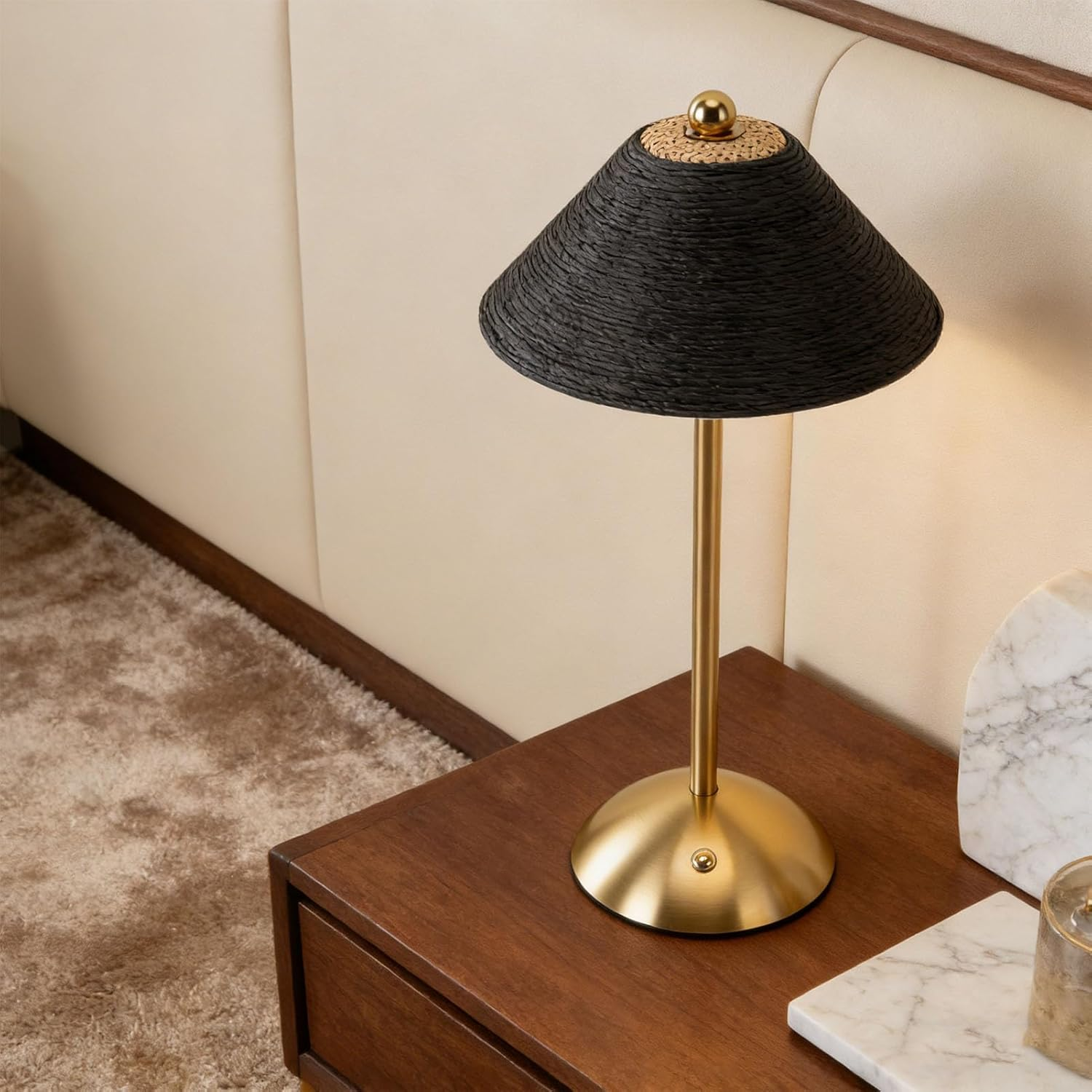 Dpofirs Boho Rattan Table Lamp, LED Rechargeable Reading Lights Night Light, 3 Color Touch Control Bedside Lamps for Nightstand, Bedroom, Living Room, 1200Mah (Black) - Green image number 7