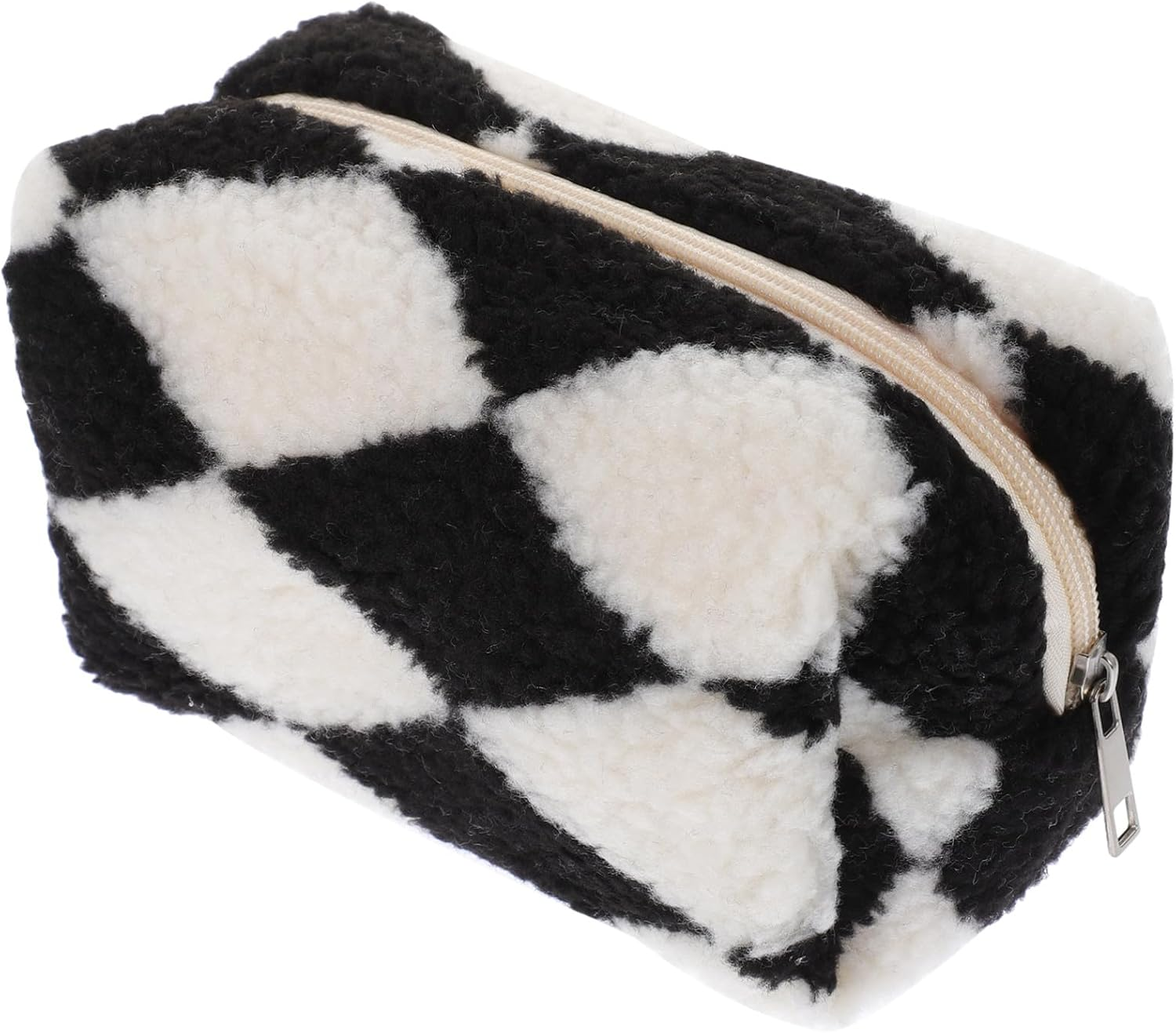 Anneome Fluffy Checkered Makeup Bag Plush Cosmetic Travel Pouch Zippered Toiletry Organizer for Women Stylish Storage Case for Pens and Items