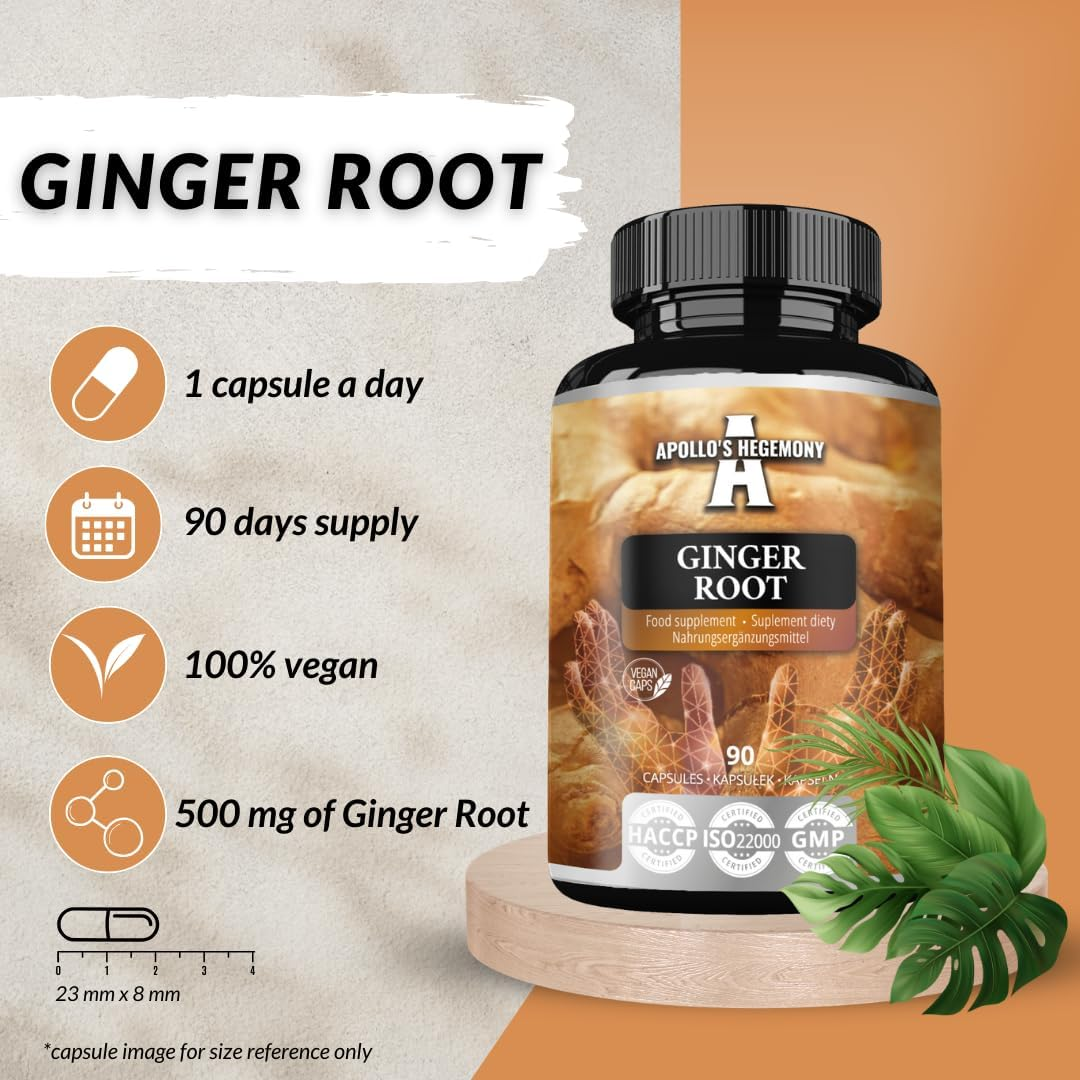 Ginger Root 500 Mg, Extract Contains 5% Gingerols, 90 Vegan Capsules, 3 Months Supply, Ginger Herbal Supplements - by Apollo'S Hegemony image number 1