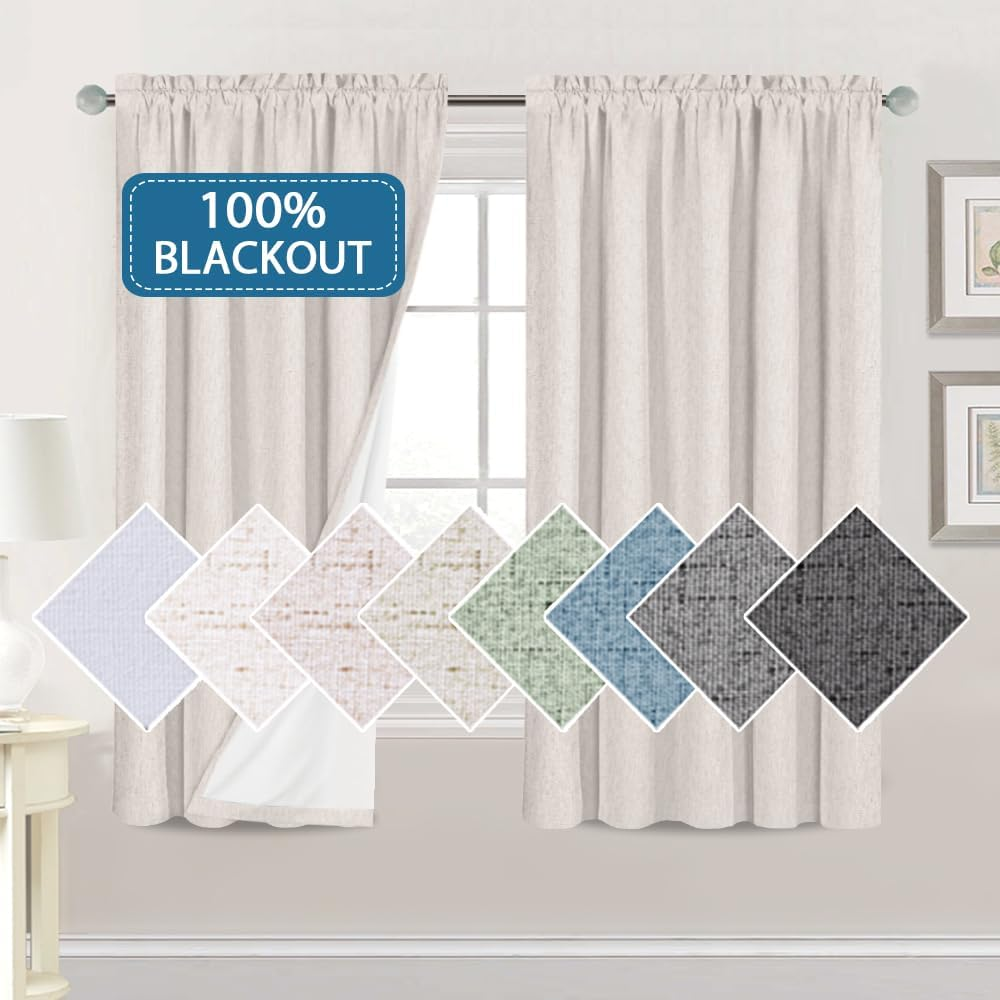 H.VERSAILTEX Linen Look 100% Blackout Curtains for Bedroom Full Light Blocking Rod Pocket Linen Textured Thick Window Curtain Drapes with White Backing, 2 Panels Set, Each W132Cm X D213Cm, Pure White