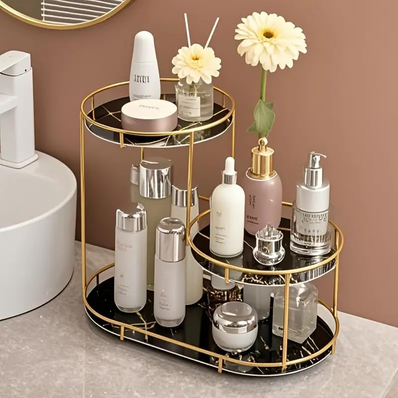 Bathroom Counter Organizer Holder, Luxury Cosmetics Storage Rack, Tray Dresser Stainless Steel Gold Shelf, 3 Tier Countertop Standing Storage Rack, Bathroom Washbasin Open Organiser(Black) image number 1