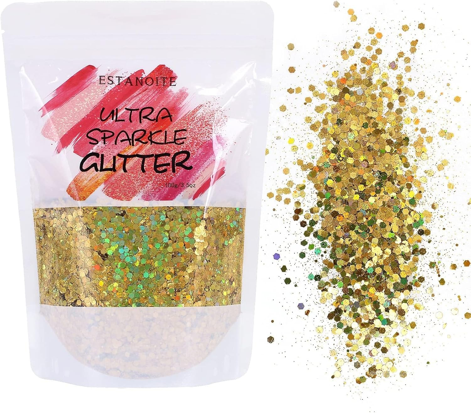 Estanoite Holographic Chunky Glitter 100G, Resin Glitter for Craft, Cosmetic Nail Glitter, Mixed Glitter for Epoxy Arts, Body, Face, Nail, Chunky Glitter for Tumblers (Gold)