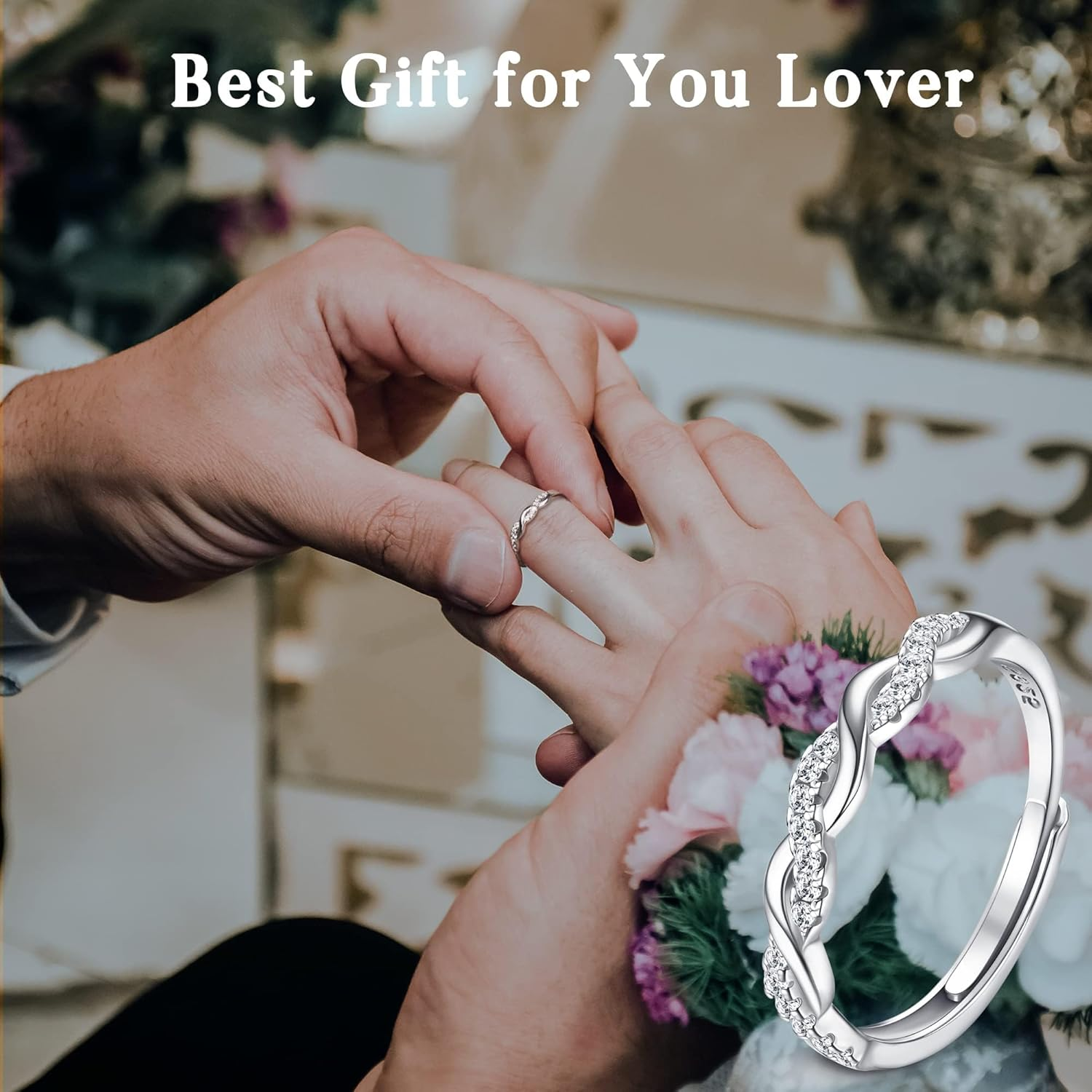 Sanfenly Adjustable 925 Sterling Silver Ring for Women Eternity Cubic Zirconia Crossover Ring Engagement Ring Wedding Promise Ring Adjustable Thumb Ring for Women Girls Anniversary Jewellery Gifts image number 2