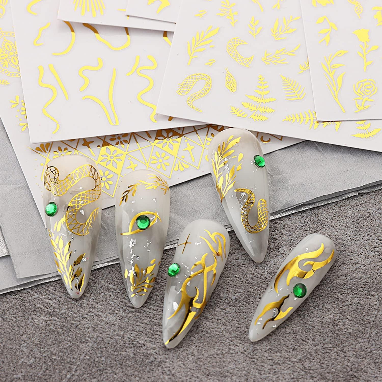 6 Sheets Gold Nail Art Adhesive Sticker 3D Self-Adhesive Nail Decals Art Design Holographic Moon Sun Stars Nail Art Sticker Decoration for Women Manicure Tips Acrylic Nails DIY Nails Art Supplies image number 2