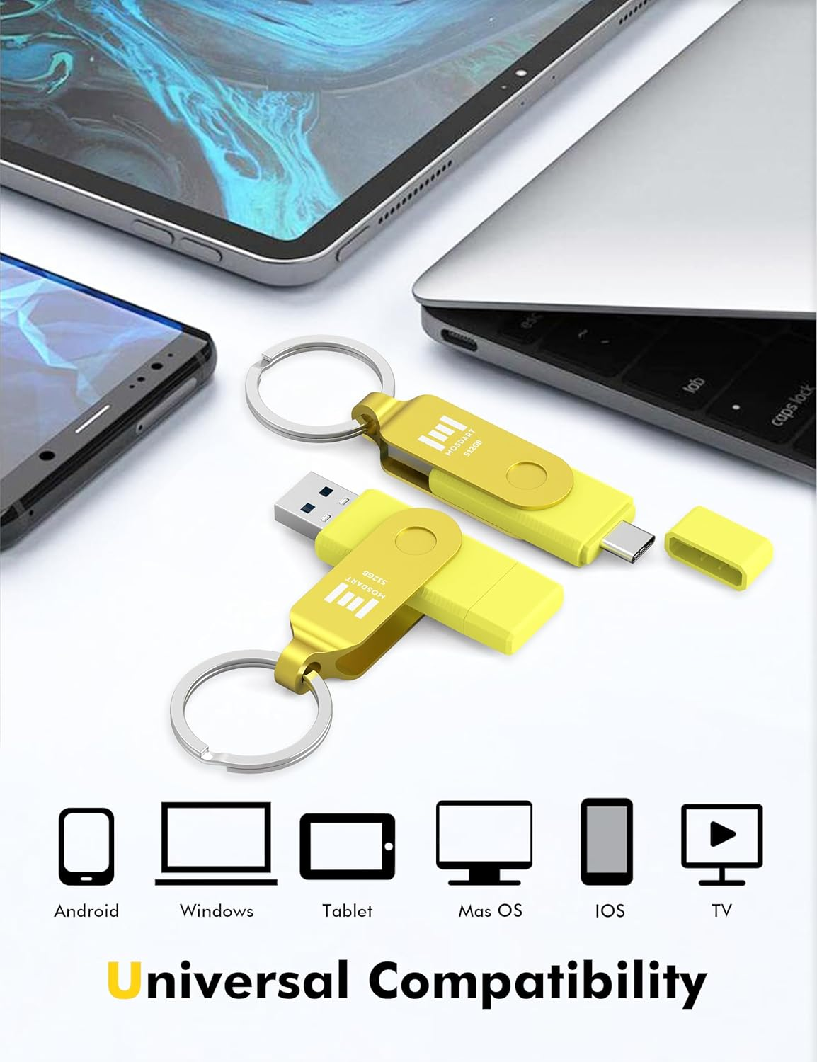 MOSDART 512GB Fast USB C Dual Flash Drive with Keychain - 2 in 1 OTG USB 3.1 Type-C Thumb Drive Memory Stick for USB-C Android Phones, Iphone 15, Macbook, Ipad, Computers and More, Yellow, UD211C-YELLOW-512GB image number 6