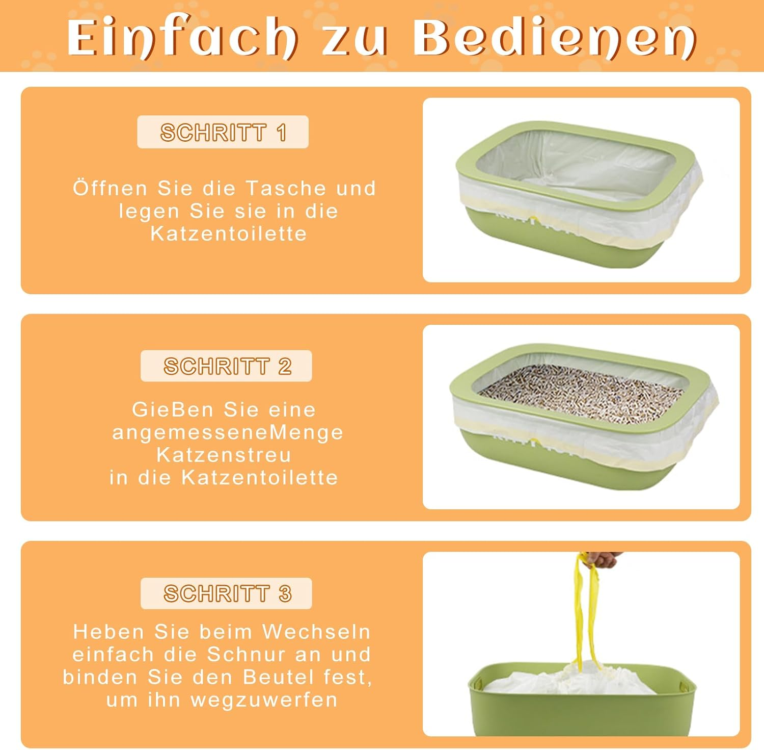 Cat Litter Tray Bags with Drawstrings, 3 Rolls X 60 Pieces Cat Litter Bag Bin Bags with Carry Handle, Durable Tear-Resistant Cat Litter Bag, Self-Cleaning Cat Litter Box Bin Liners, 58 X 35 Cm image number 2