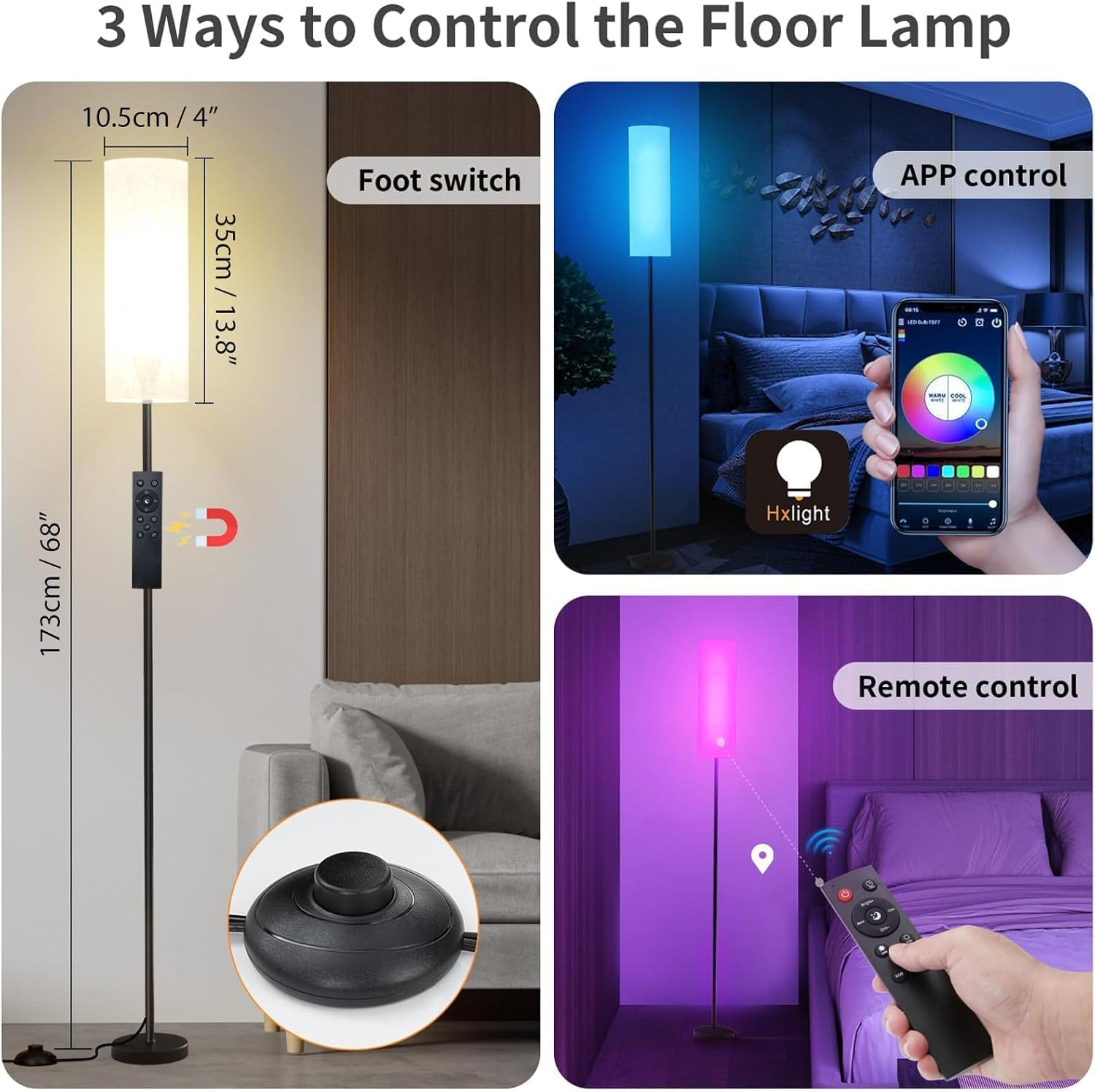 Floor Lamp 173Cm, RGB Smart LED Corner Lamps with Dimmable LED and 3 Color Temperatures, Remote & App Control, Tall Standing Lamp for Living Room Bedroom Office image number 2