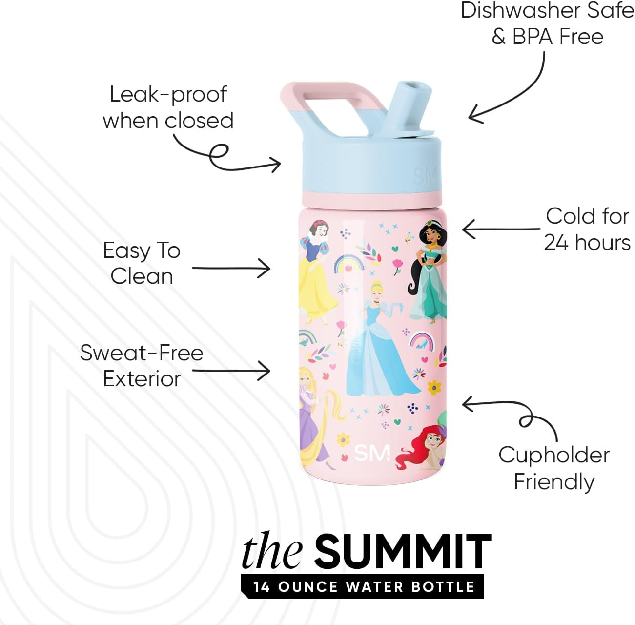 Simple Modern Disney Princesses Kids Water Bottle with Straw Lid | Reusable Insulated Stainless Steel Cup for School | Summit Collection | 14Oz, Princess Rainbows image number 4