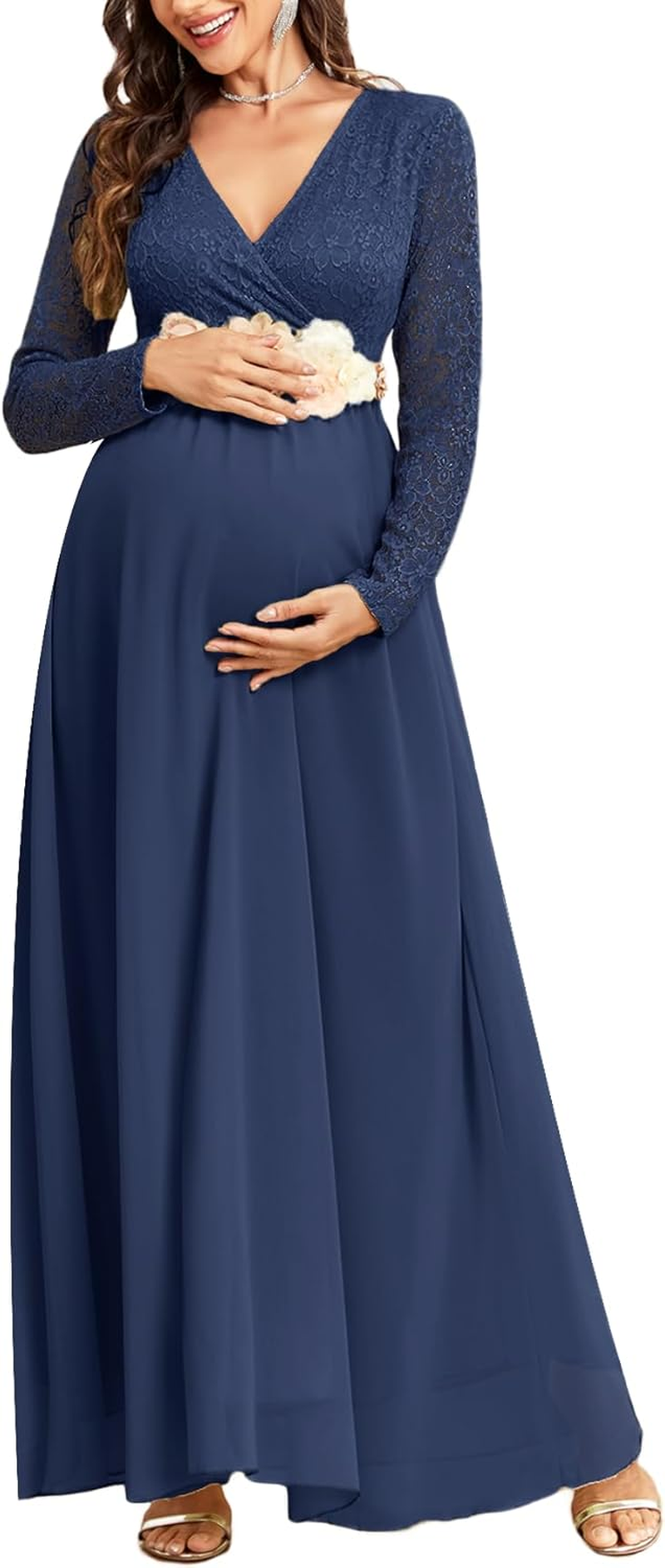CYCLAMEN Maternity Dress Flowy A-Line Wrap Gown with Floral Lace and Contrast Chiffon Long Sleeve V Neck for Baby Shower