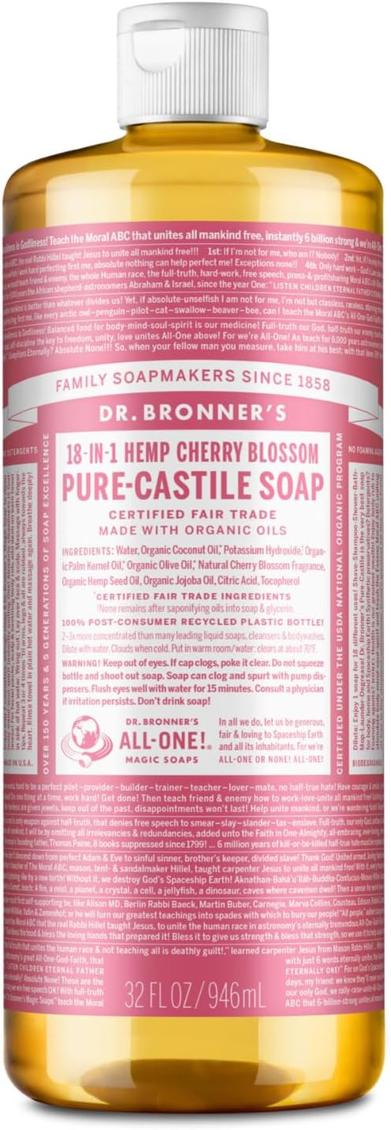 Dr. Bronner'S - Pure Castile Liquid Soap - 18-IN-1 Multi-Functional Soap for Humans, Homes & Pets - Cherry Blossom Scent - 946Ml image number 6