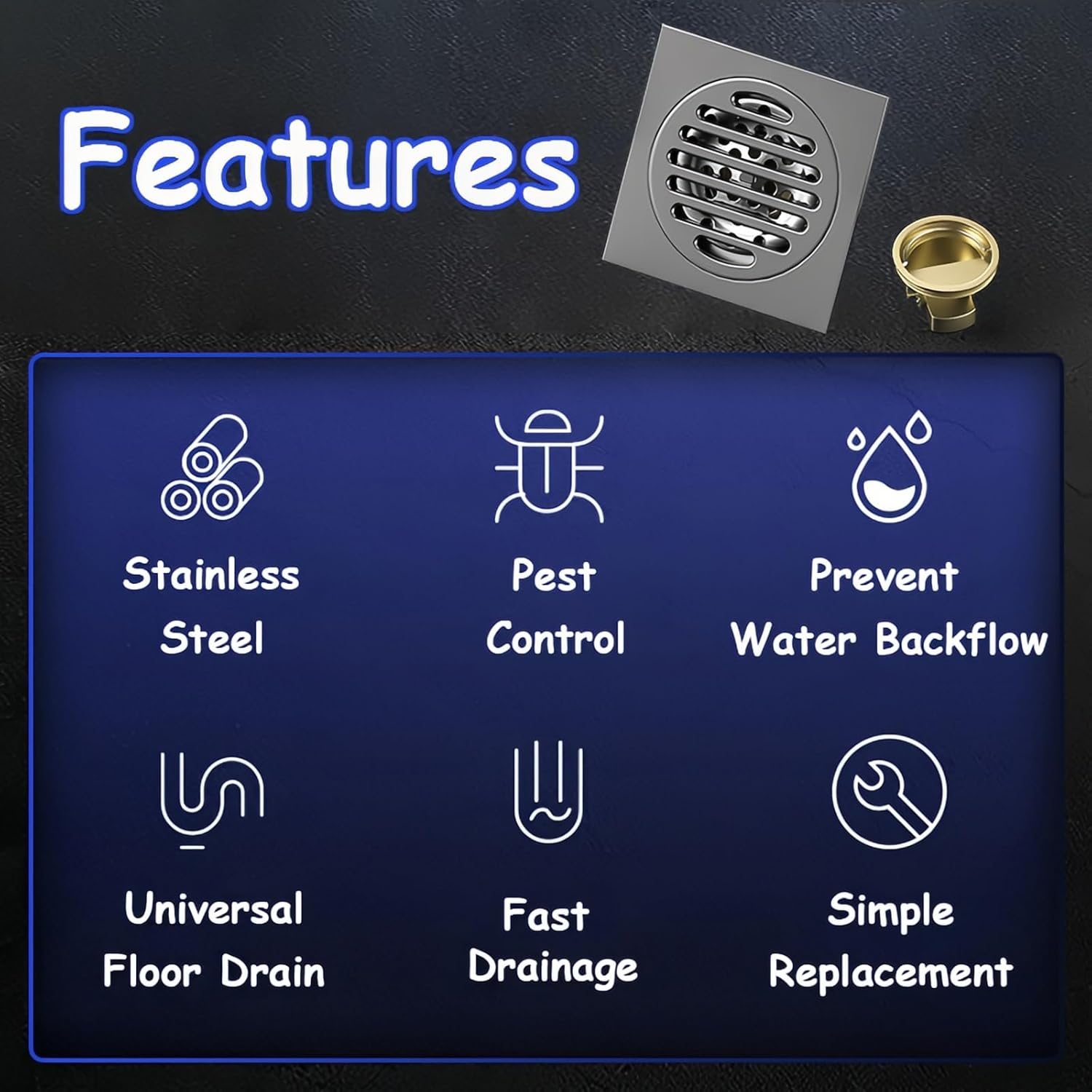 Taoluwin Square Shower Drain, 4" Stainless Steel Floor Drain, Shower Deodorant Floor Drain with Gravity Control Automatic Inner Core, Suitable for Bathroom and Kitchen image number 3