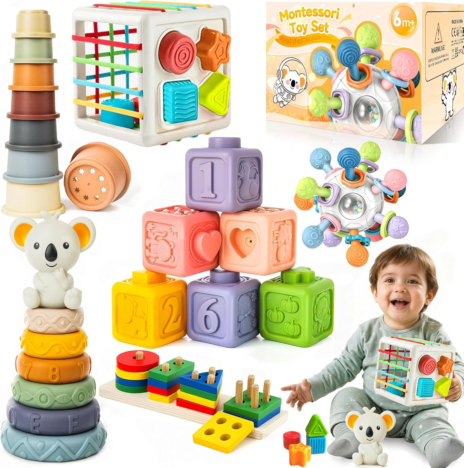 6In1 Montessori Toys for Babies - Stacking Blocks Rings Sensory Bin Toy with Cups & Shape Sorting for 6-12-18 Months, Educational Newborn Baby Development Toys Gift Infant Toddlers 1-3 Years Old image number 3