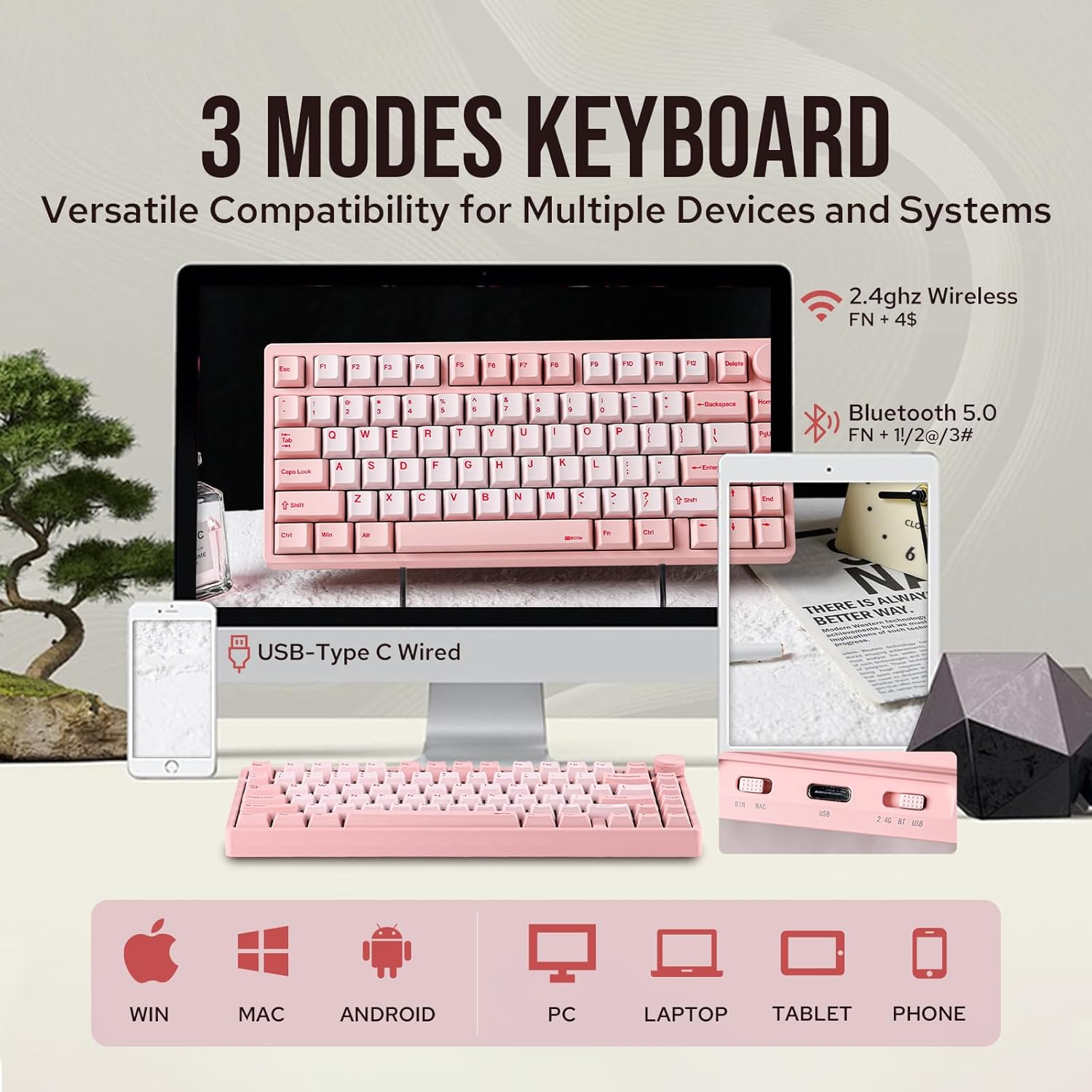 Kiiboom Moonshadow V2 75% Wireless Aluminum Gaming Keyboard, QMK&VIA Programmable, Bt5.0/2.4Ghz/Usb-C, Hot-Swappable Creamy Mechanical Keyboard with FR4 Plate, Knob, 4000Mah Battery (Pink) image number 1