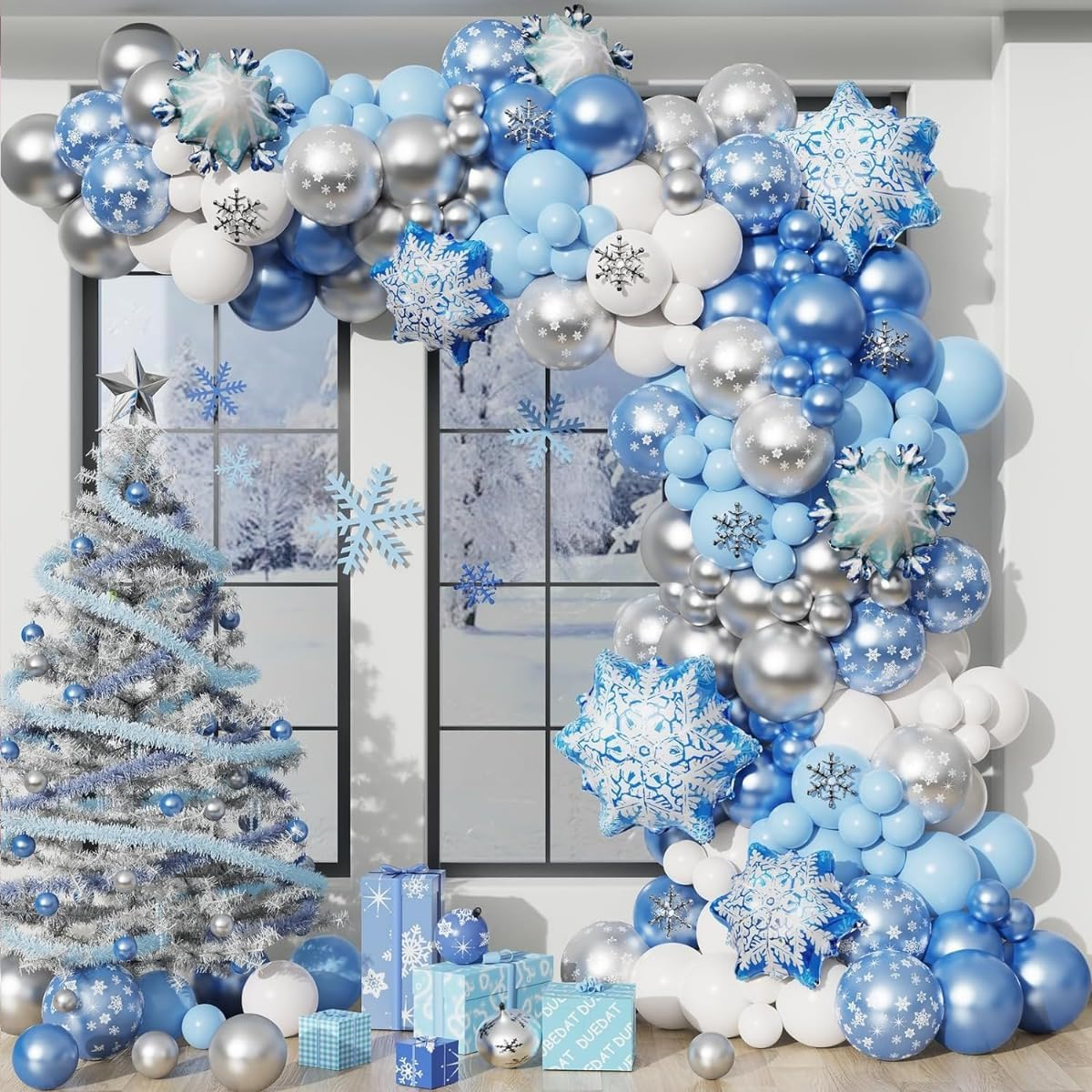 140PCS Frozen Birthday Party Supplies, Ice Snow Snowflake Balloon Garland Arch Kit Blue Snowflake Foil Balloons Metallic Blue Balloons White Balloons Baby Shower Christmas Party Decorations (Blue) image number 1