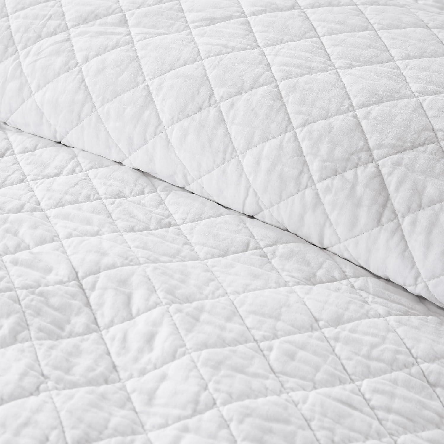 WDCOZY 100% Pre-Washed Cotton Oversized King Size Quilt Set - White California Cal King Soft Lightweight Bedspread, Textured like Linen, Farmhouse Country Rustic Coverlet, Diamond Stitch Bedding image number 3