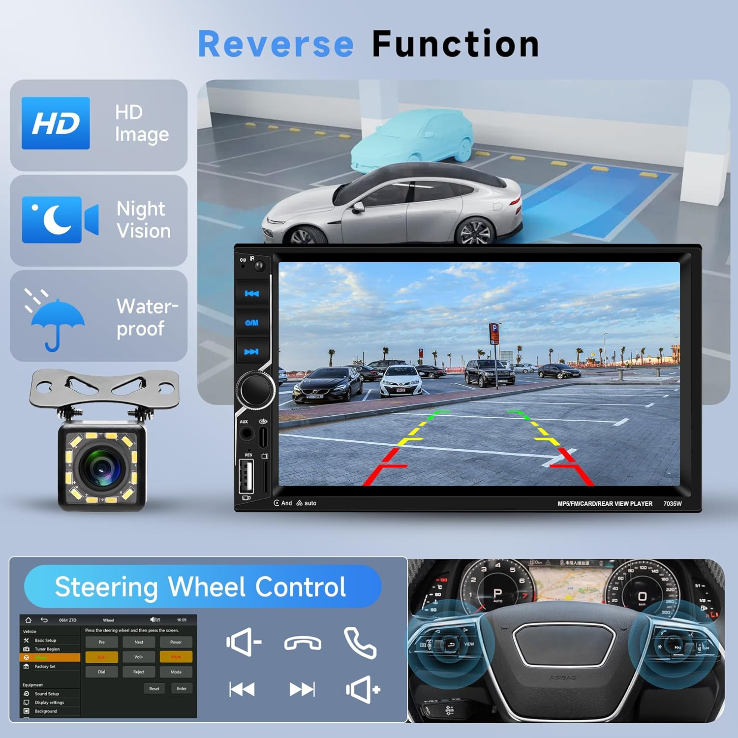 Double Din Car Stereo Wireless Apple Carplay Rimoody 7 Inch HD Touchscreen Car Radio with Android Auto Mirror Link, Backup Camera, Bluetooth, FM, EQ SWC/USB/TF/AUX Remote Control image number 3