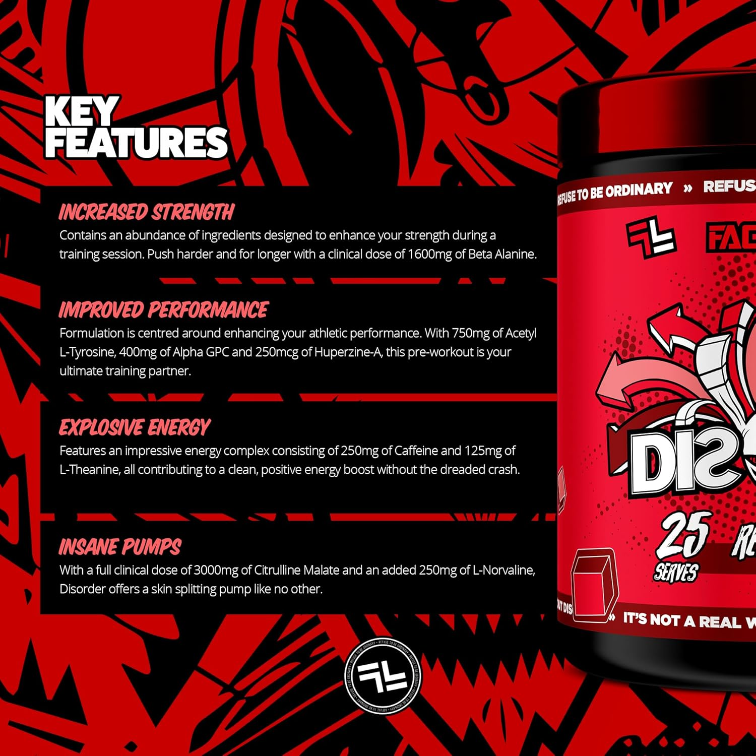 Faction Labs Disorder Original Pre Workout Powder, Red Russian, Sugar Free Caffeinated Gym Supplement, 25 Serves, 225G image number 2