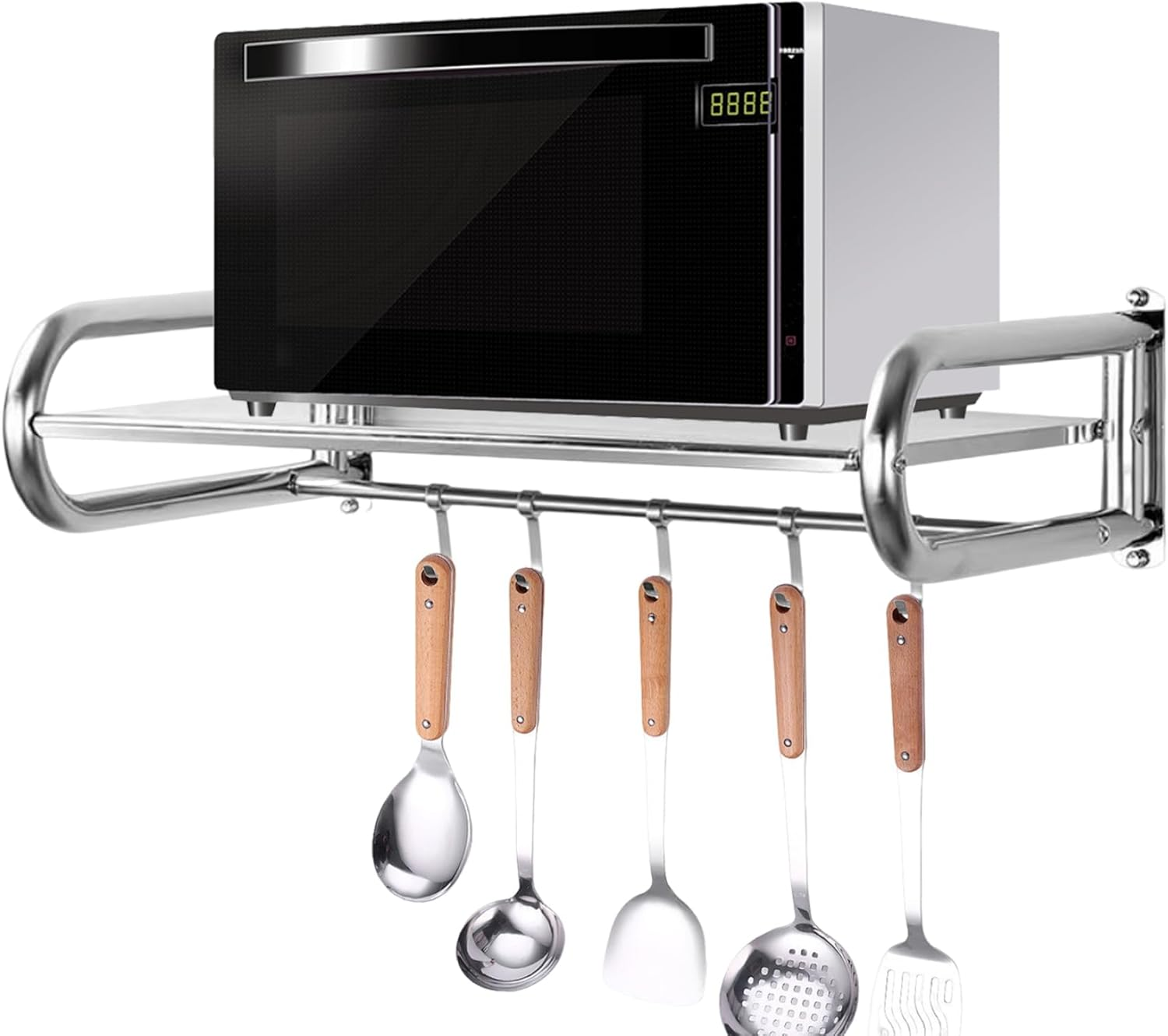 Microwave Oven Rack, Stainless Steel Microwave Oven Bracket, Wall Mounted Kitchen Rack with 5 Hooks, Maximum Load-Bearing Capacity 31Kg, Suitable for Kitchen Use image number 3