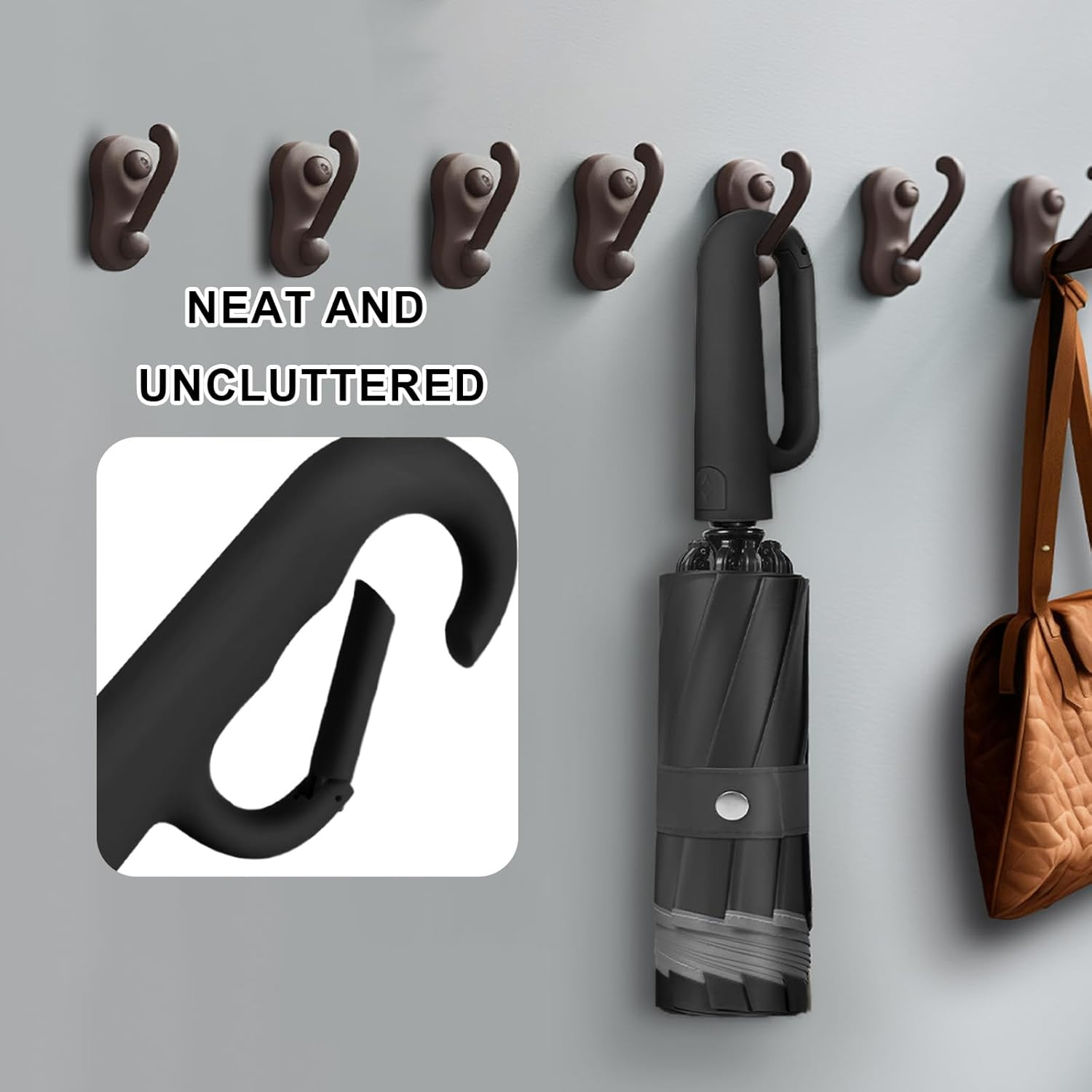 Folding Umbrellas, Automatic Extra Large Compact for Sun & Rain &ndash; Windproof Travel Parasol with Hooking Handle, Inverted Dry Close & Safety Reflective Strips (Black) image number 4