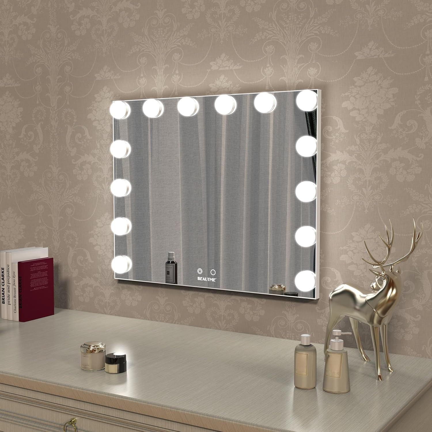Vanity Mirror with Lights, White Hollywood Lighted Makeup Mirror with 14 Dimmable LED Bulbs for Dressing Room & Bedroom, Tabletop or Wall-Mounted, 60X50.7Cm image number 4
