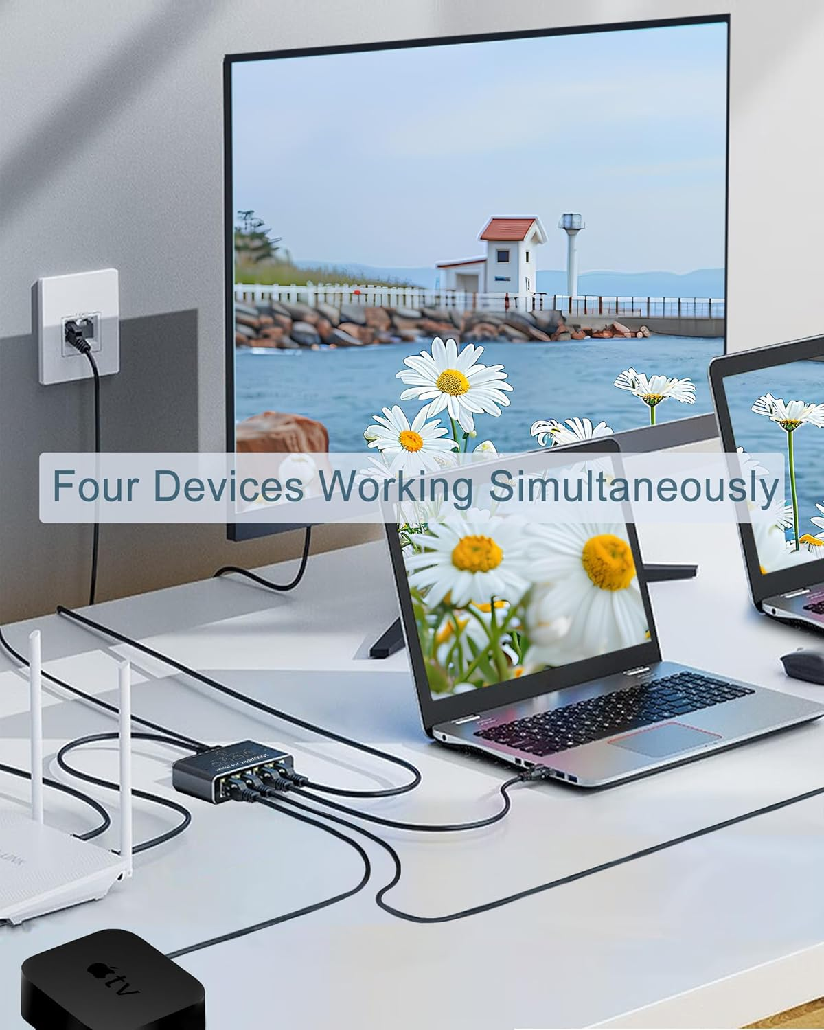 LIEZHUA Ethernet Splitter 1 to 4, 1000Mbps High Speed Ethernet Cable Splitter with LAN Cable Cat 6 [4 Devices Simultaneous Networking], Gigabit RJ45 LAN Network Extension for Cat8/7/6/5E/5 Cable image number 1