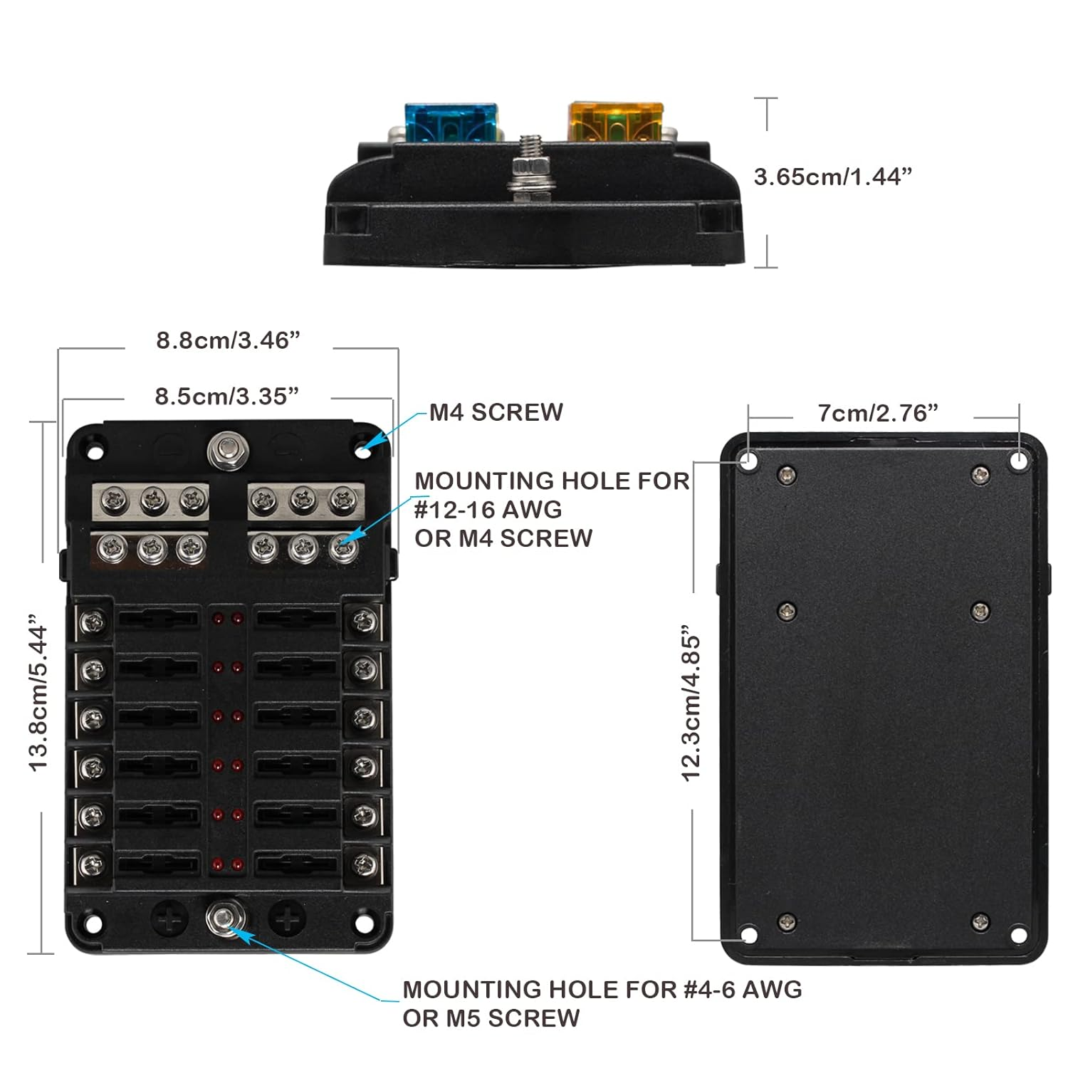 12V Marine Fuse Block: 12 Way Blade Fuse Panel with Ground & 12 Volt Fuse Box for Circuit of Car | Automotive | Boat | RV | RZR image number 6