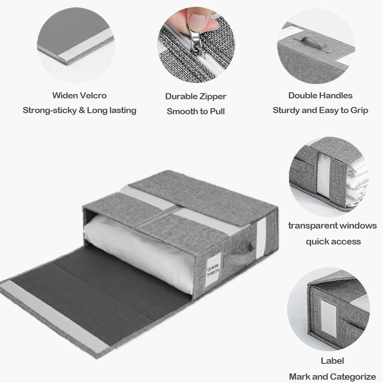 Bed Sheet Organizers, Stackable & Foldable Sheet Storage, Duvet Covers and Pillowcases, Linen Closet Storage Organizer for Bedding Suitable for Home Use by Queen (1-Pack Grey) image number 6