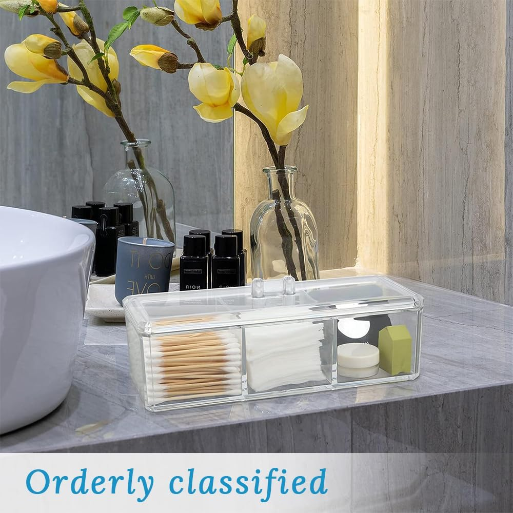 2 Pack Square Qtip Holder Dispenser,Clear Dresser Organizer,With 3 Divided Compartments&Lid, Waterproof,Plastic Storage Containers,For Cotton Swabs,Make up Pads,Cosmetics image number 1