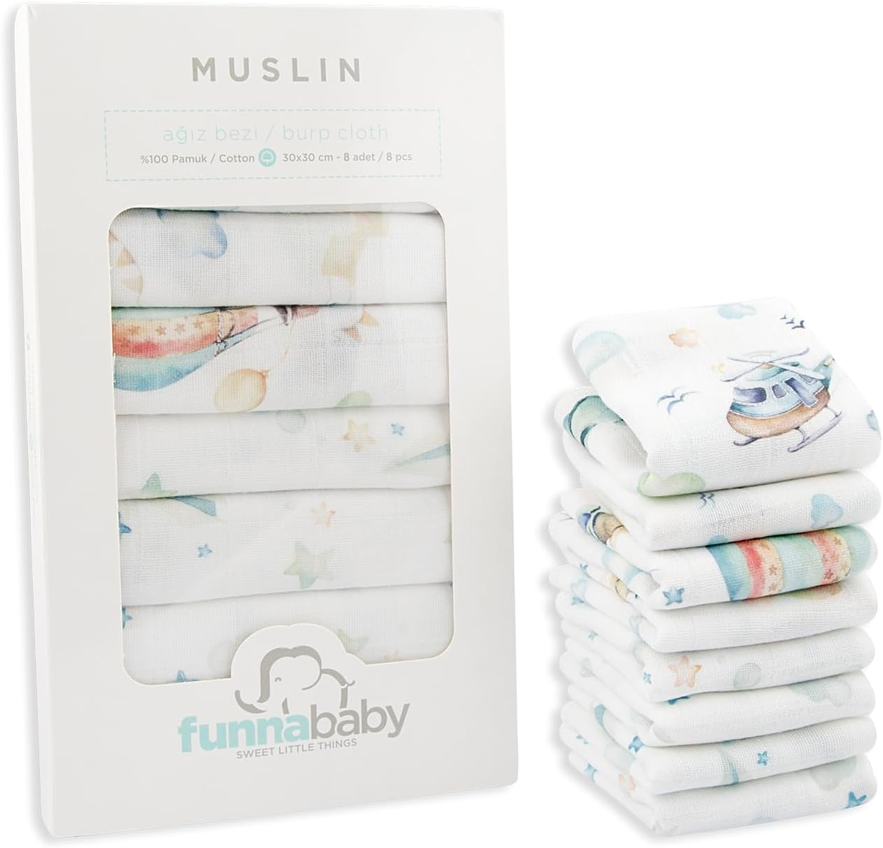Funnababy Baby Muslin Cloths for Newborn &ndash; Pack of 8, Thin and Quick Dry, Extra Soft Face Muslin, 100% Cotton, Fabric Washcloth, Square Cloth for 0-6 Months, Starter Baby Essential, 30X30 Cm image number 3