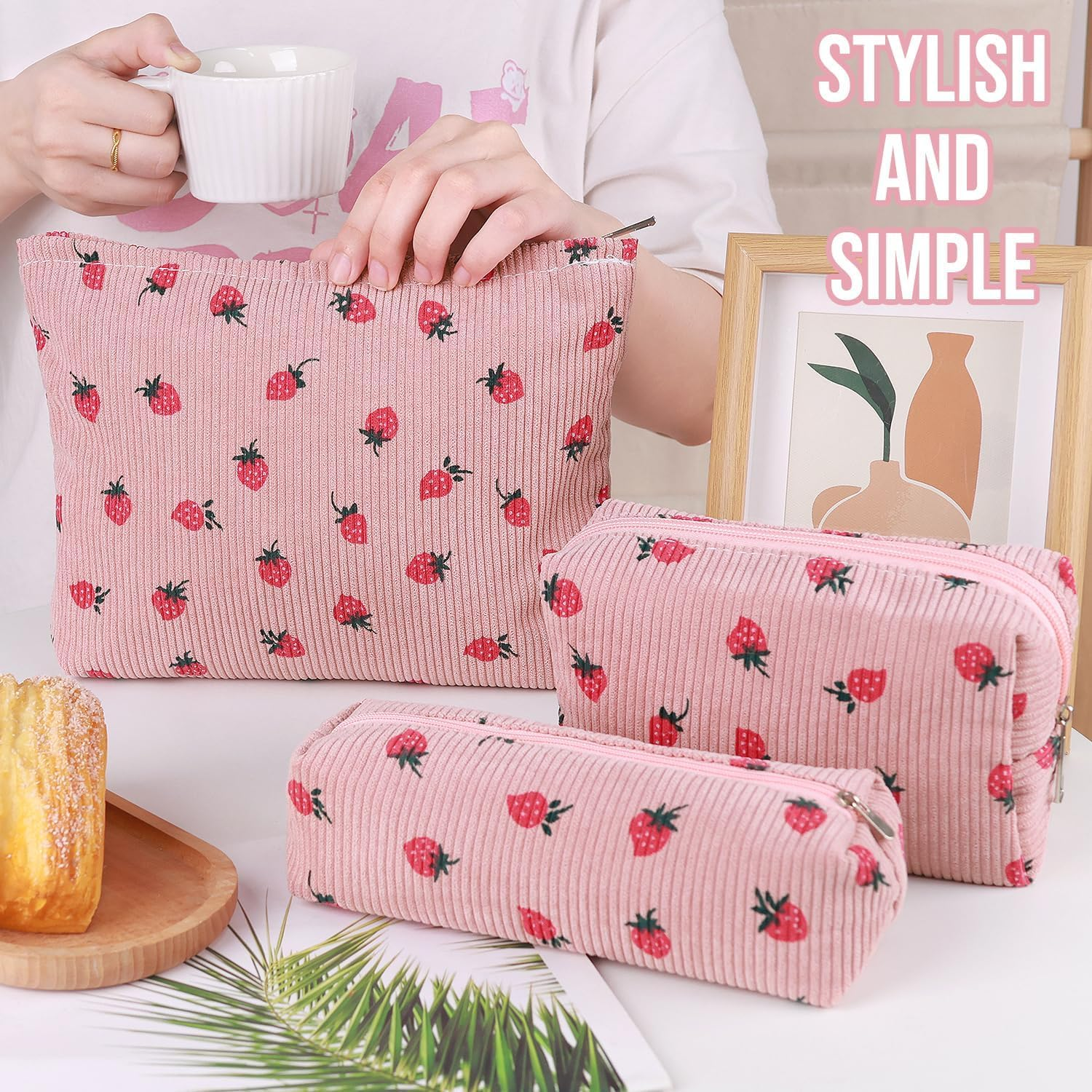 3 Pcs Checkered Makeup Bag Cosmetic Bag Set for Girls Women, Travel Organizer Bathroom Toiletry Pouch Large Capacity Storage Bag (Strawberry Pink) - Strawberry Beige image number 3