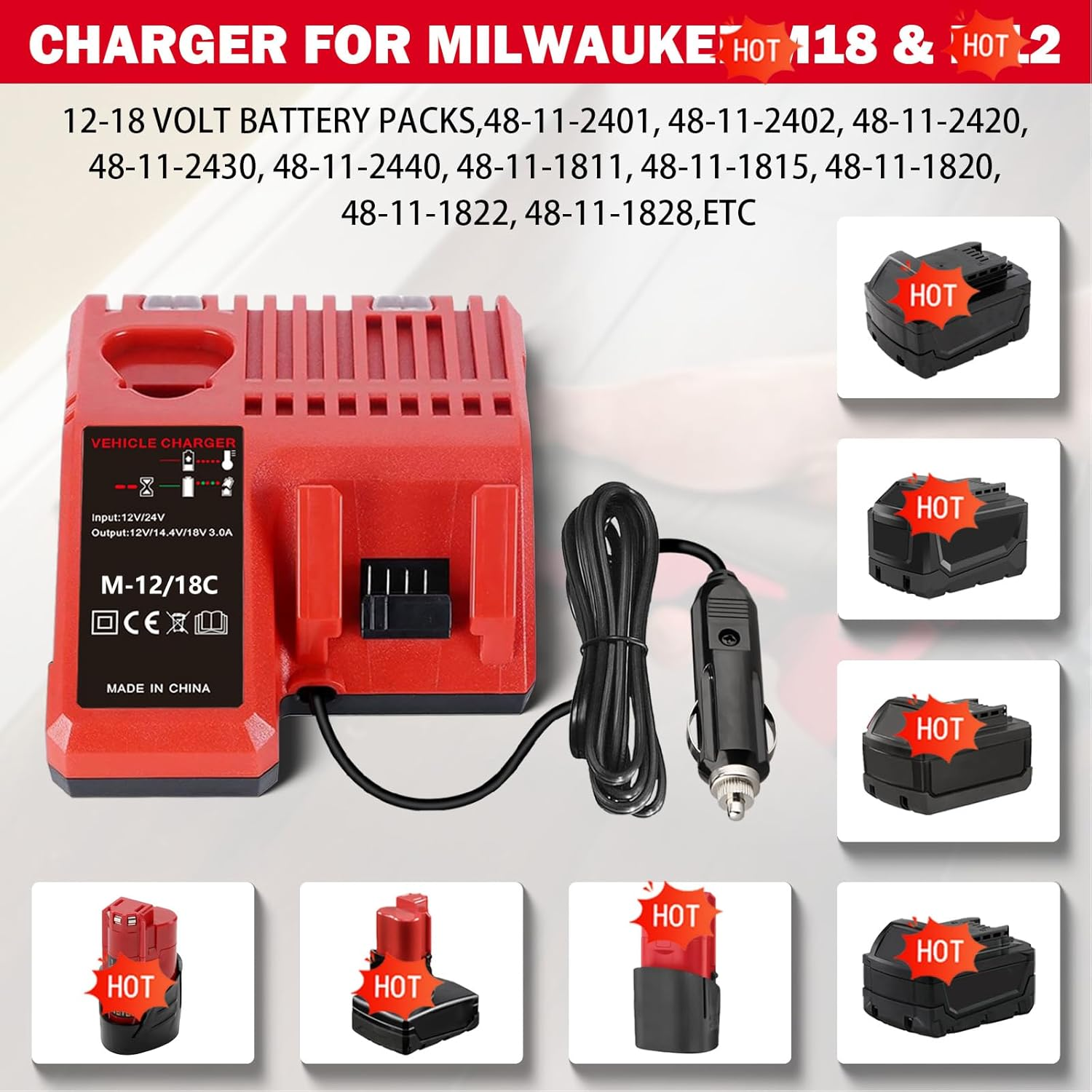Car Charger for Milwaukee M18 18V & M12 12V Battery Charger, Multi Voltage Vehicle Charger for Milwaukee 18V-12V Battery