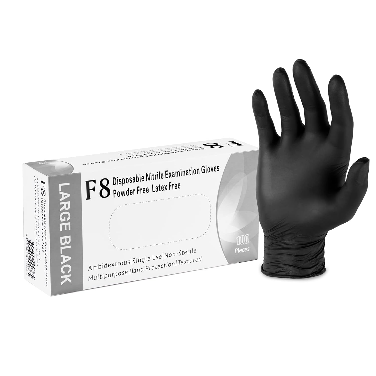 F8 Disposable Nitrile Examination Gloves, Size LARGE and BLACK, Latex & Powder Free, Multipurpose, Non Sterile, Extra Strong, Textured, Protection against Bacteria, Ambidextrous, Easy Fit image number 4