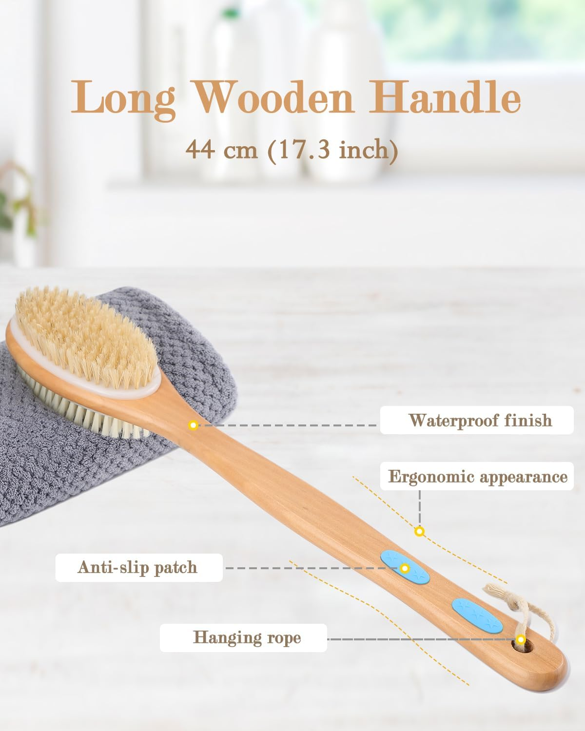 FREATECH Long Handle Body Brush Back Scrubber Exfoliator - 17.3" Wooden Bath Shower Brush, Dual-Sided Brush Head with Soft Nylon Bristles and Stiff Natural Bristles for Wet or Dry Brushing,Blue image number 3