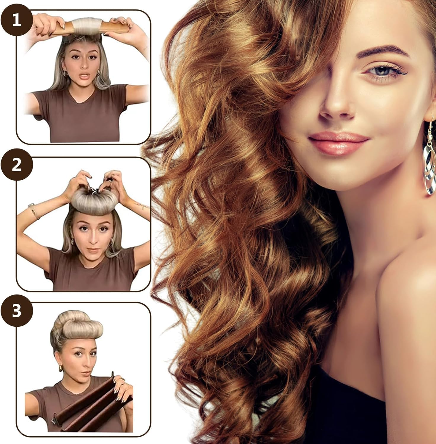 Zhangjunfle Overnight Blowout Headband Rods, 3Pcs Overnight Heatless Curls Blowout Rods, Heatless Curling Rods Velvet Blowout Rods Flexi Rods with Turban image number 3