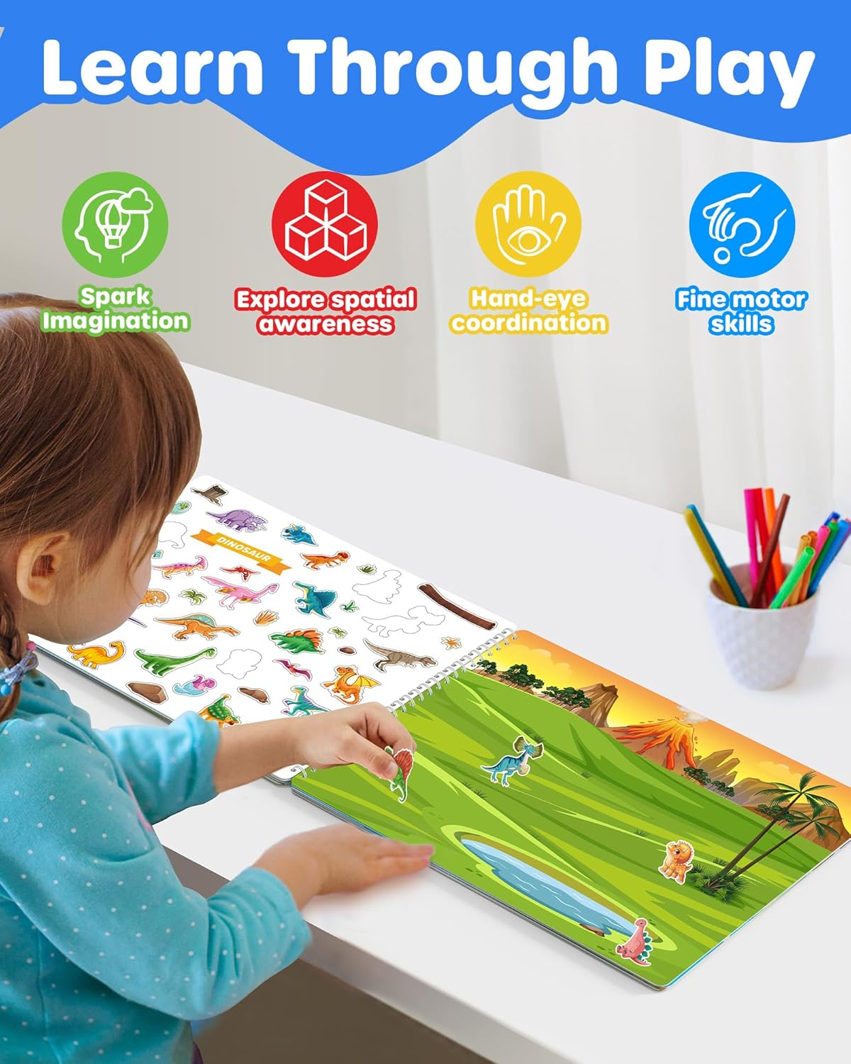 D-Fantix Animal Sticker Book for Kids, Dinosaur Unicorn Mermaid Farm 12 Unique Scenes and 500+ Stickers, Toddler Airplane Travel Road Trip Essentials Activity Book, Arts & Crafts Ages 3-8 image number 6