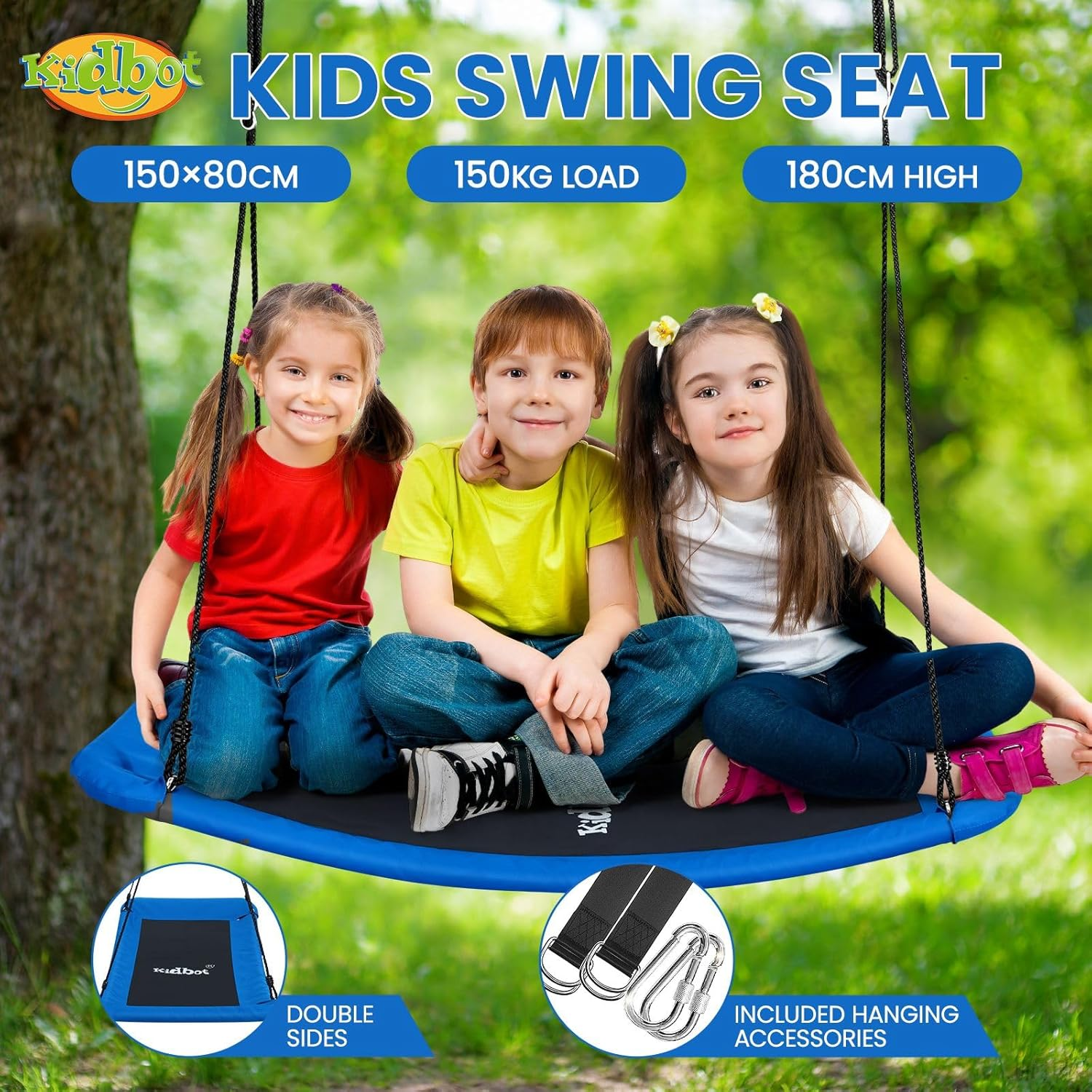 Kidbot Tree Swing Seat Chair Set Indoor Outdoor Childrens Adult Hanging Playset Rectangular Garden Camping Platform Straps XL Carabiners image number 3