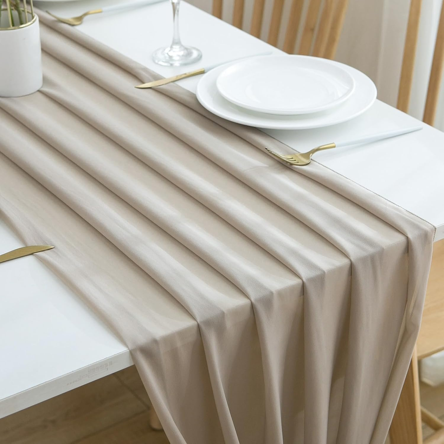 CHUQING Table Runner Wedding Tablecloth Romantic Sheer Table Runners for Bridal Shower Birthday Party Boho Table Decoration, 27X120 Inches,Light Brown - Black-22 image number 2