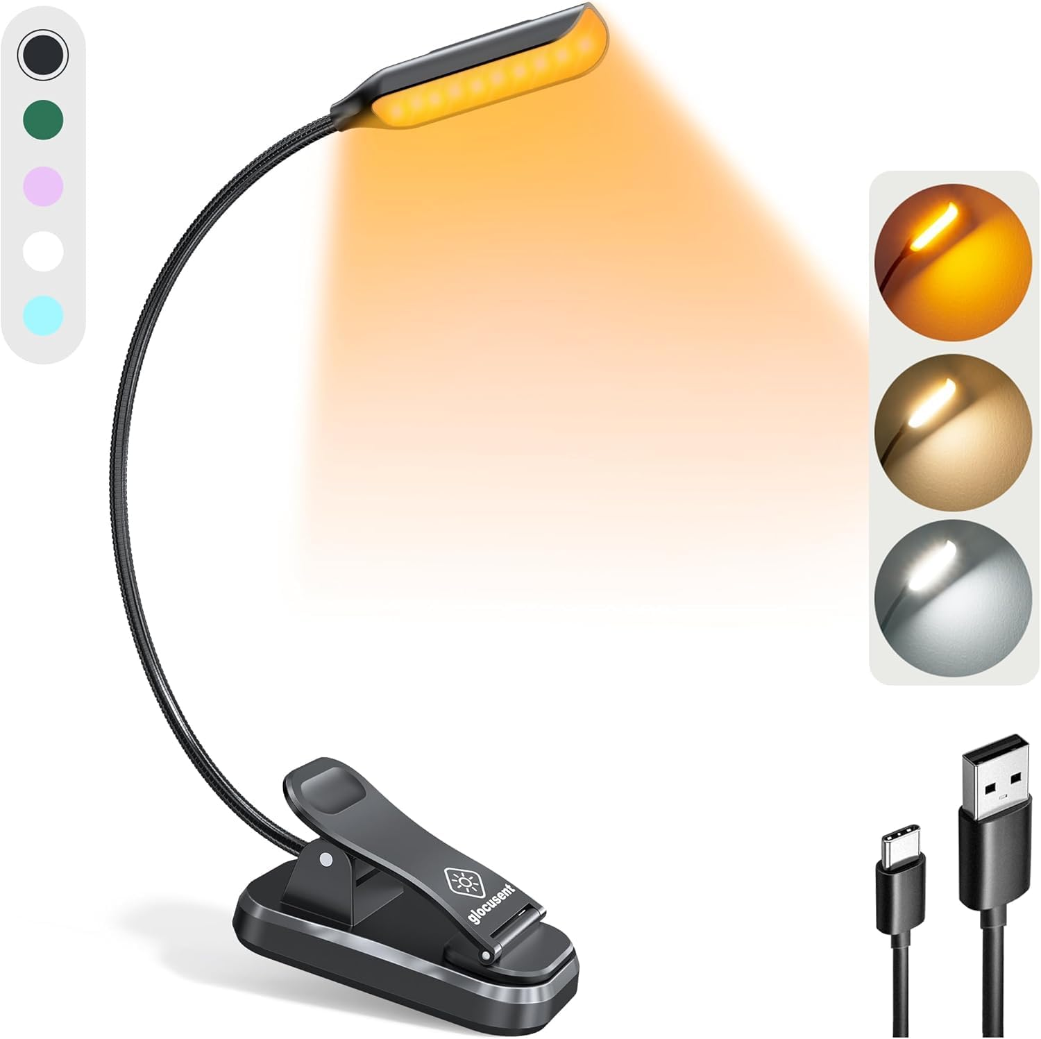 Glocusent Lightweight Rechargeable 10 LED Amber Book Light for Reading in Bed, Eye-Care Clip-On Reading Light up to 80 Hours, 3 Brightness X 3 Color Modes, Perfect for Bookworms, Kids & Travel