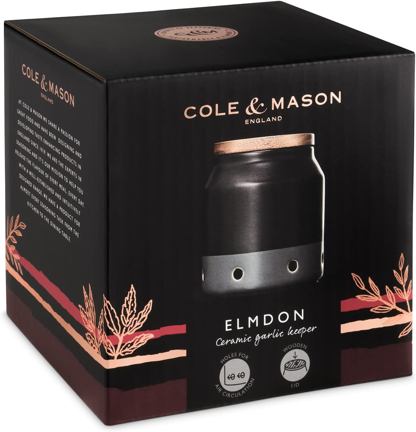 Cole & Mason Elmdon Black/Grey Garlic Keeper, Kitchen Organisation, Storage Pot for Fresh Garlic, Ceramic/Acacia/Silicone, (H) 120 Mm X (D) 110 Mm image number 3