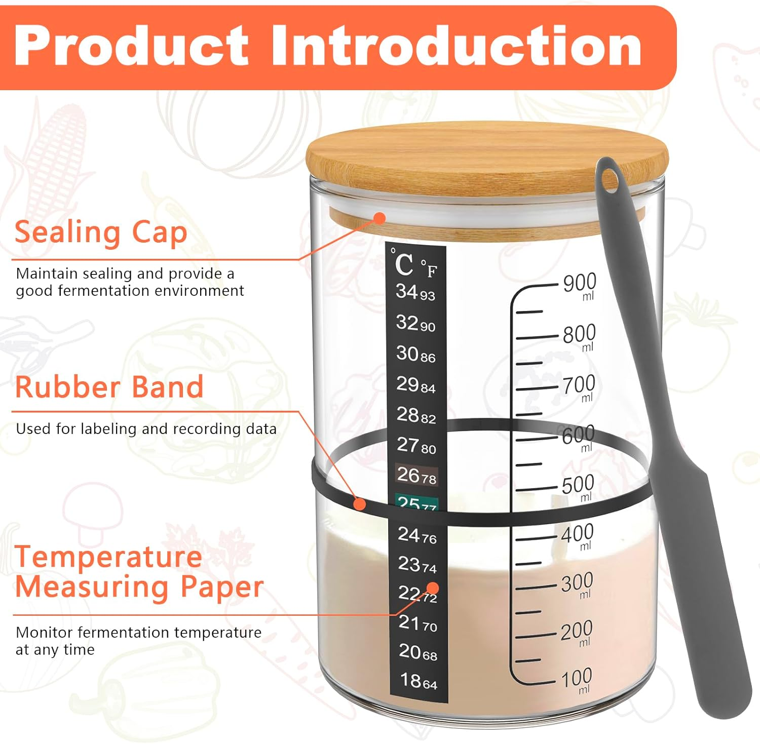 6Pcs Sourdough Starter Jar Kit 900Ml 25.7Oz Heat Resistant Sourdough Starter Container with Lid Spatula Thermometer Strip Rubber Band Label Sheet Pen Cloth Cover for Bread Baking (Style-1) image number 5