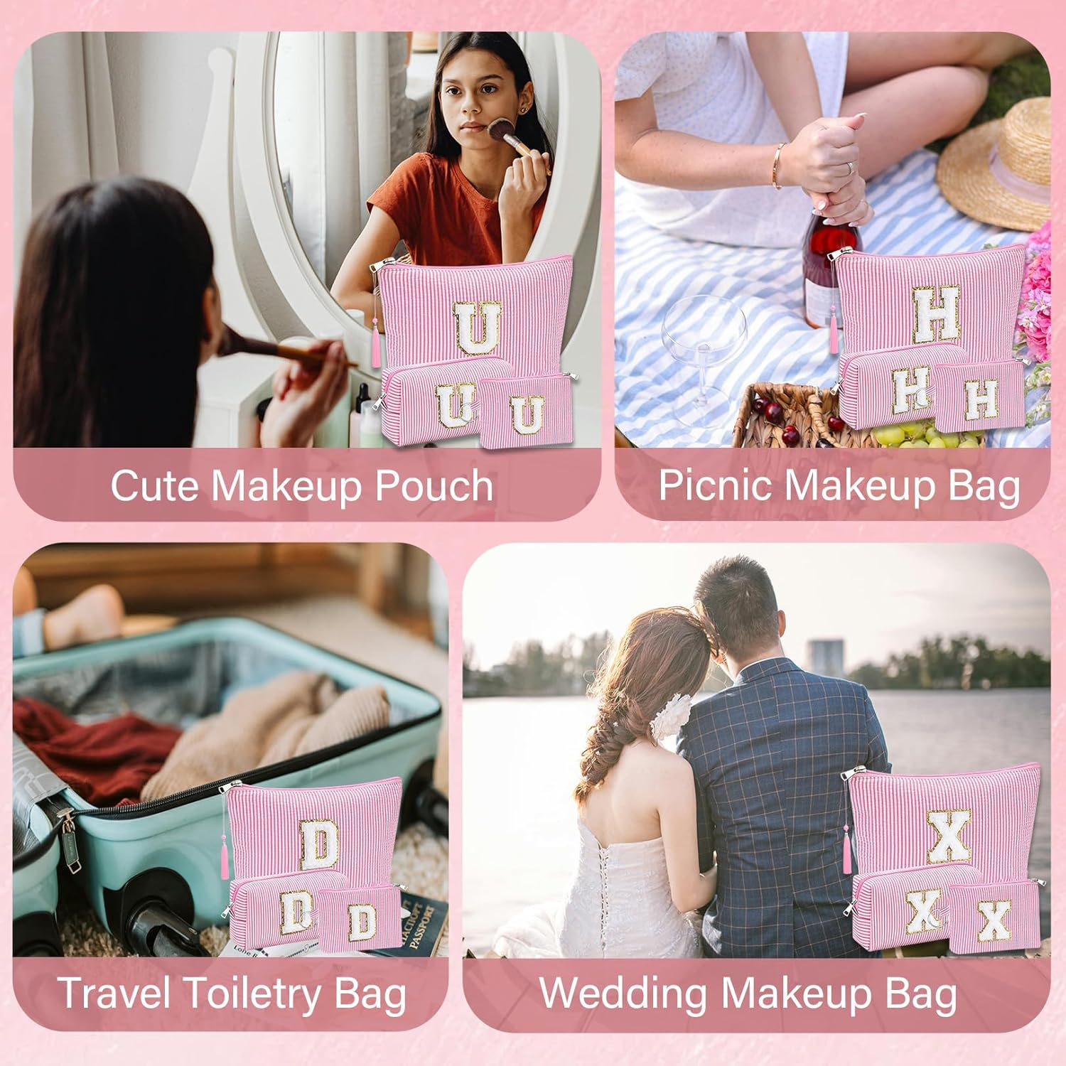 Adoryoung Gifts Personalized Initial Cosmetic Makeup Bag Make up Bag Travel Toiletry Bag for Her Mom Girlfriend Wife Teacher Birthday Gifts for Women Skincare for Girls, Pink, F image number 5