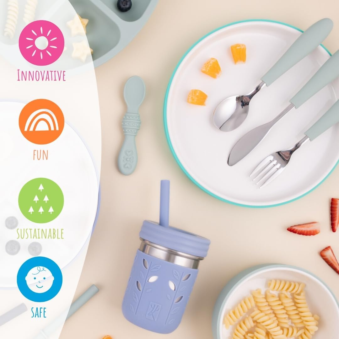 Elk and Friends Kids 7.8&rdquo; Porcelain White Plates with Silicone Sleeves | Suitable for Babies/Toddlers | Microwave & Dishwasher Safe | Non Slip Dinnerware | Snack Dishes | 2 Pack image number 2