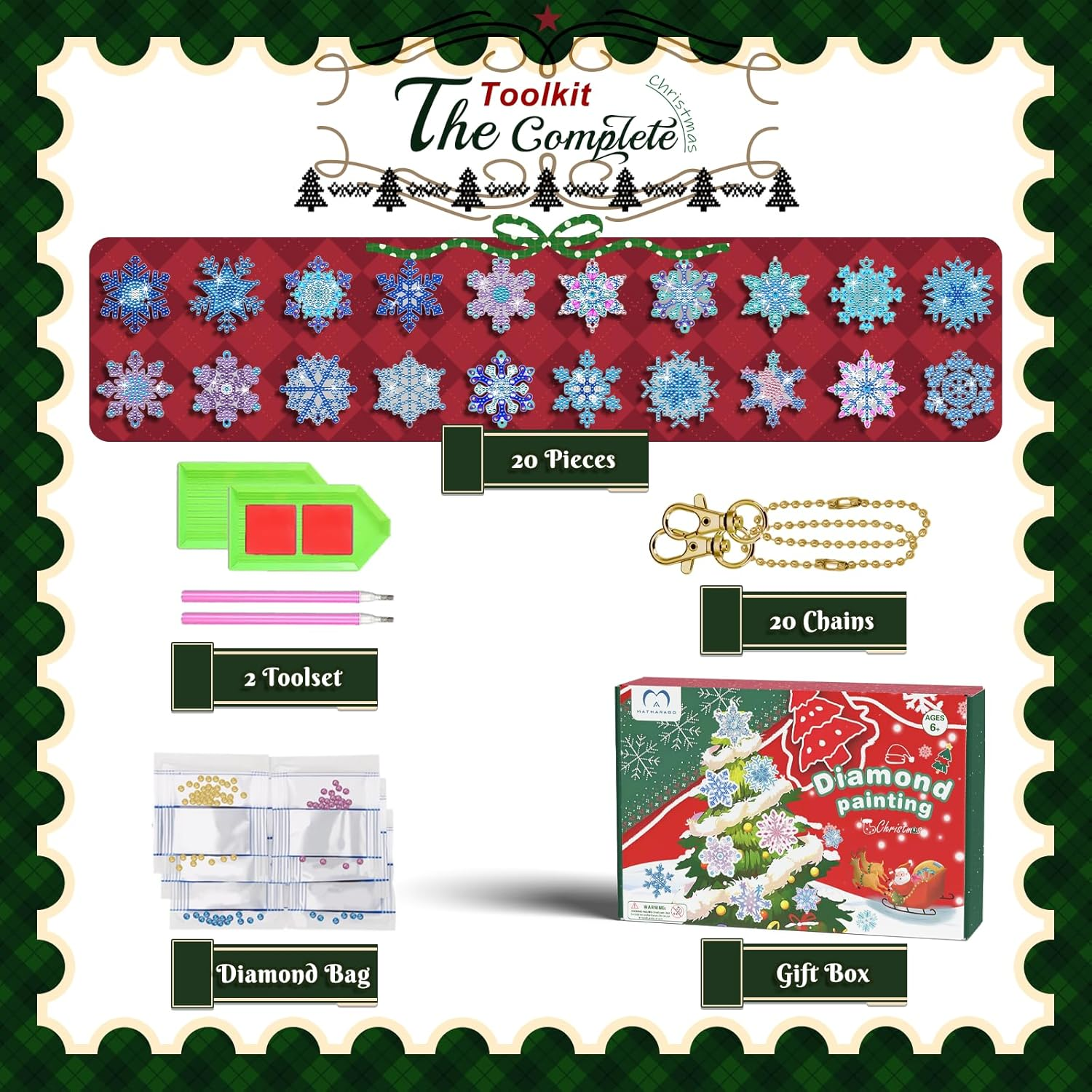 MATHARAGO 20 Pcs Snowflakes Diamond Art, 5D DIY Double-Sided Christmas Ornaments Pendants, Diamond Painting Keychains for Christmas and Daily Decoration（Various） image number 4